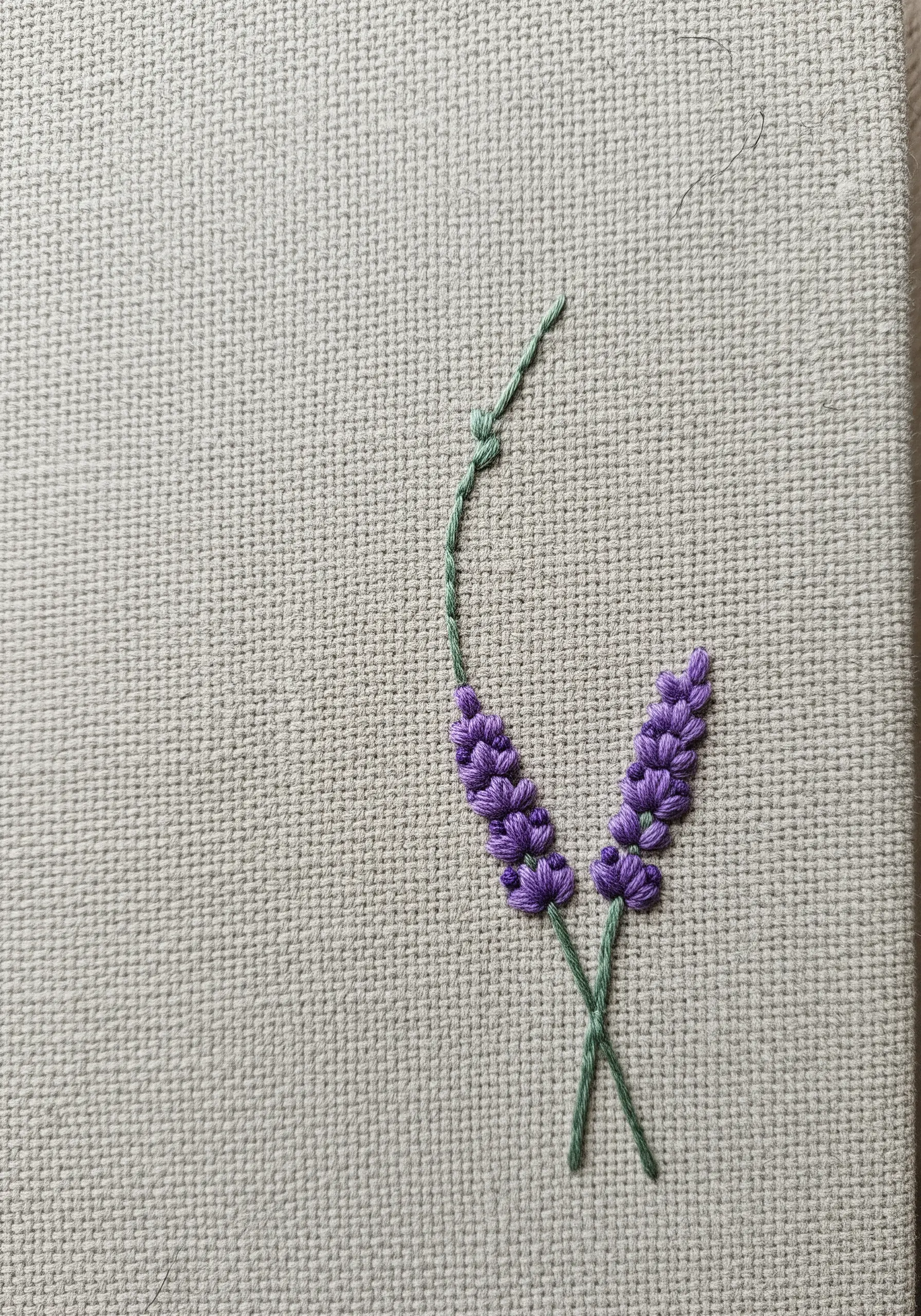 Two lavender sprigs embroidered with purple woven wheel stitch buds and green stems.