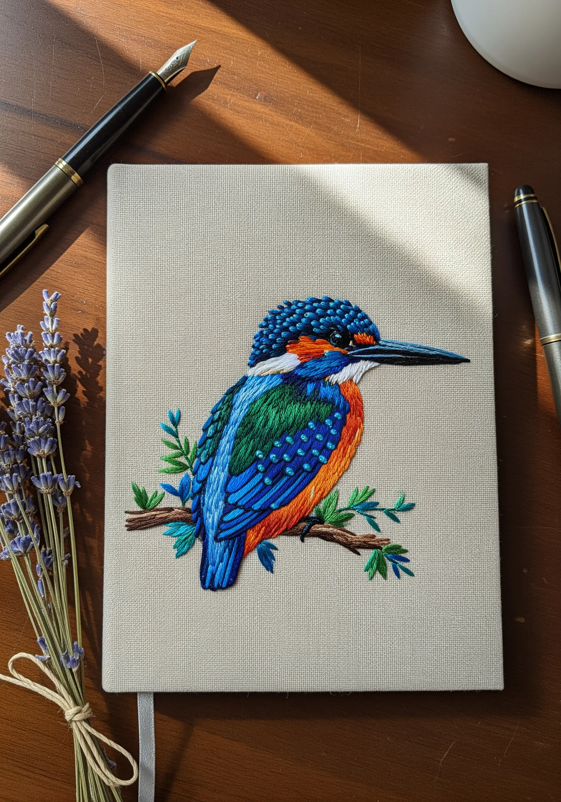 Detailed thread-painted kingfisher with textured French knots on a journal cover.