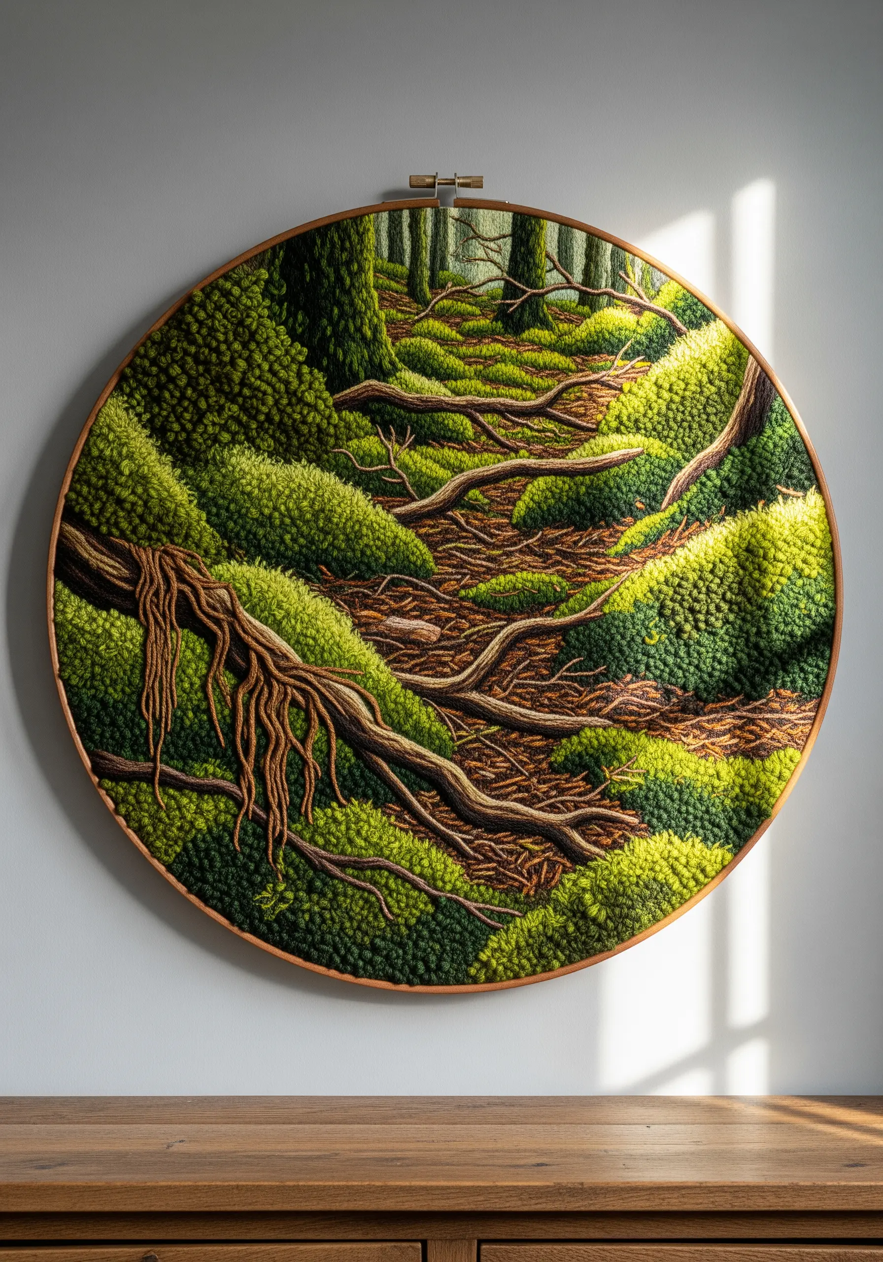Dense green French knots creating a mossy forest floor texture in a large embroidery hoop.