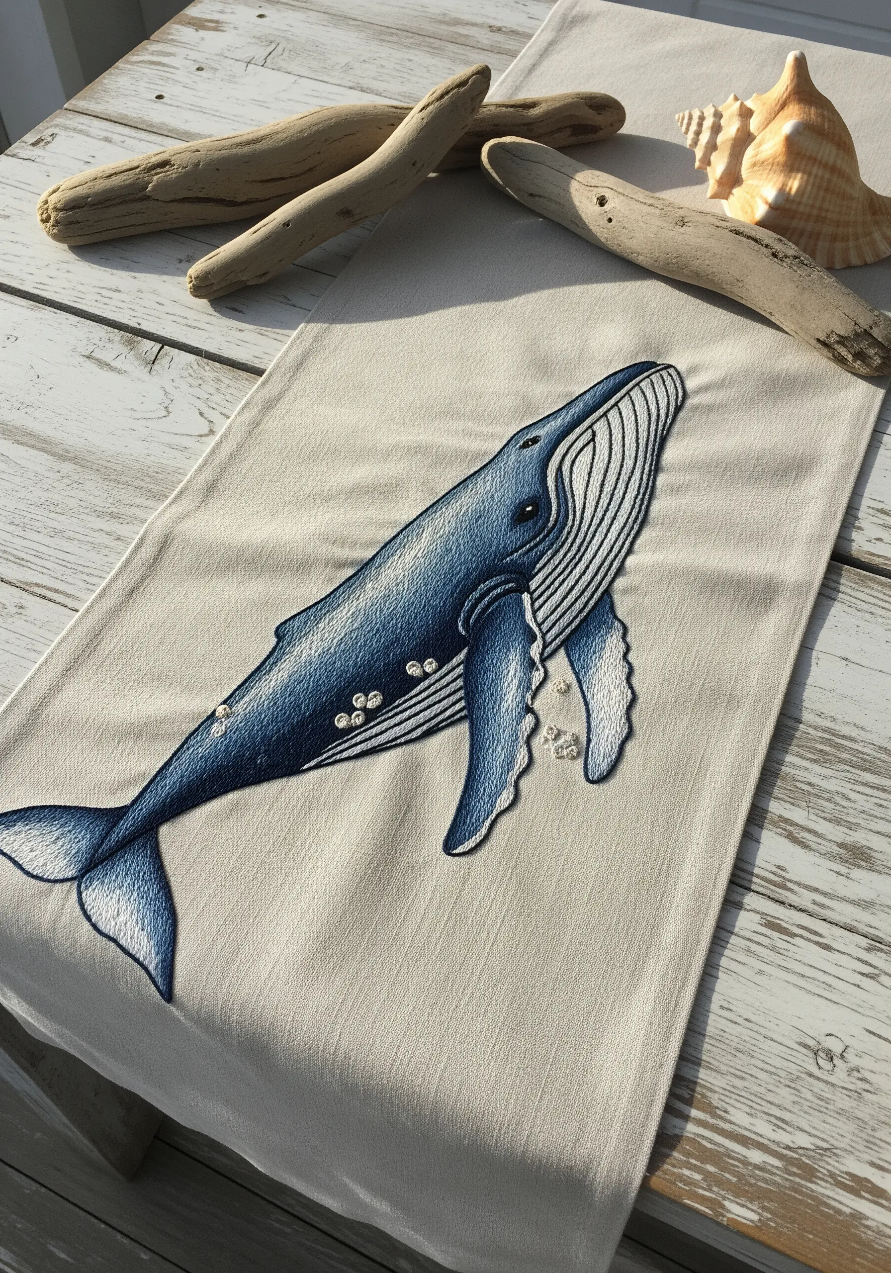 An embroidered blue whale on a linen table runner, showcasing smooth thread painting.