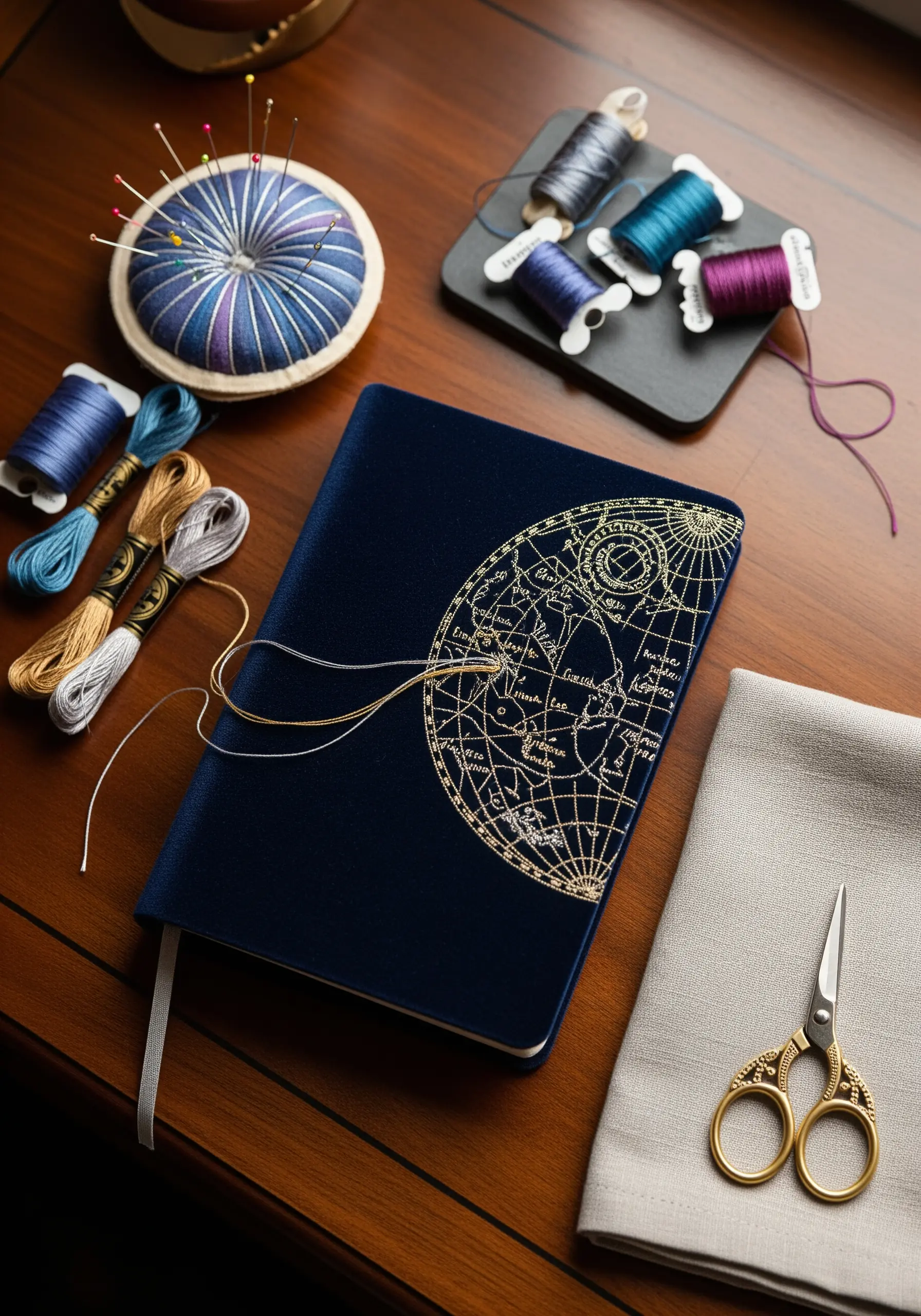 Intricate gold metallic thread embroidery of a celestial map on a navy blue journal cover.