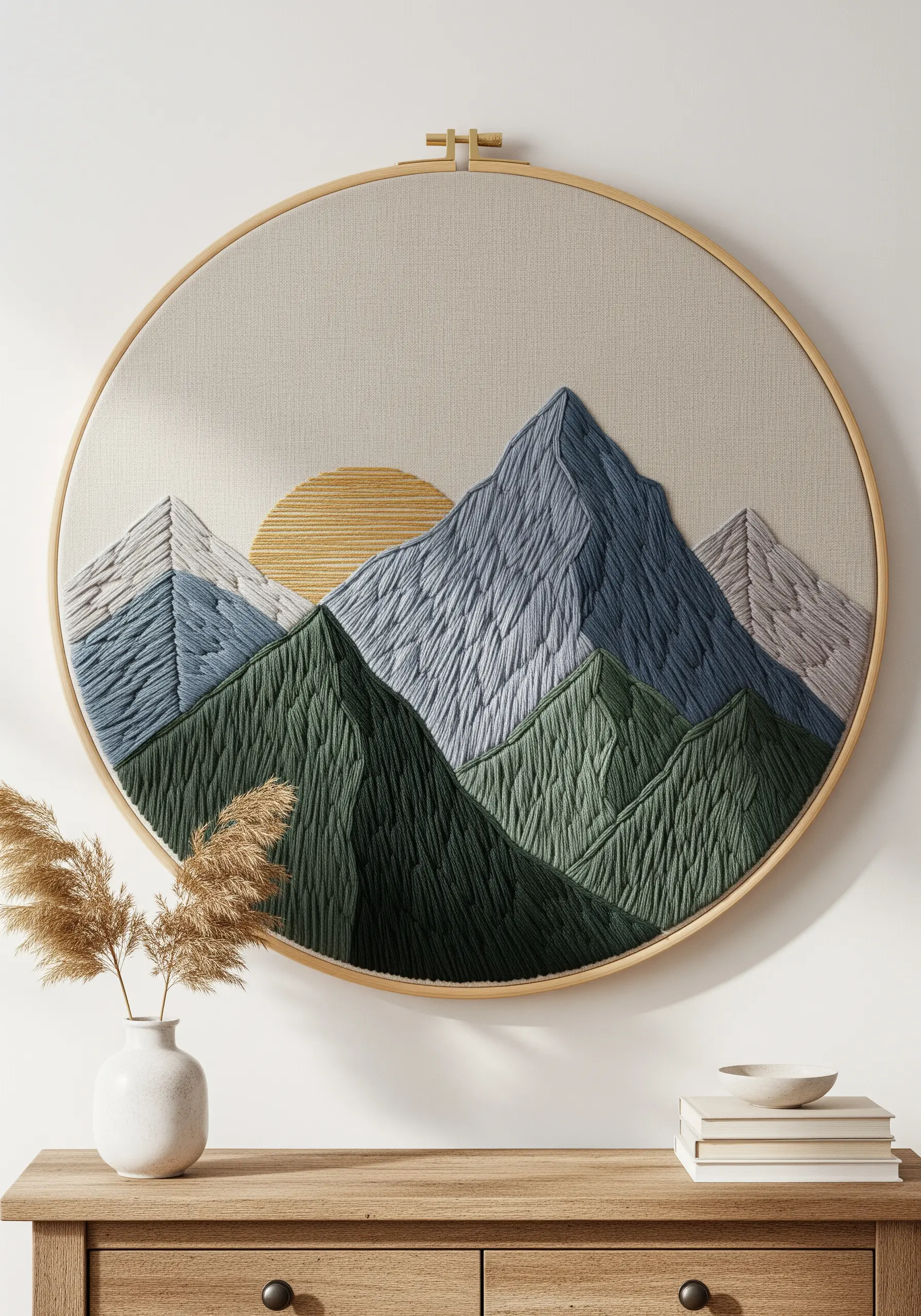 Hoop art of embroidered mountains with a sun, showing textural satin stitches.