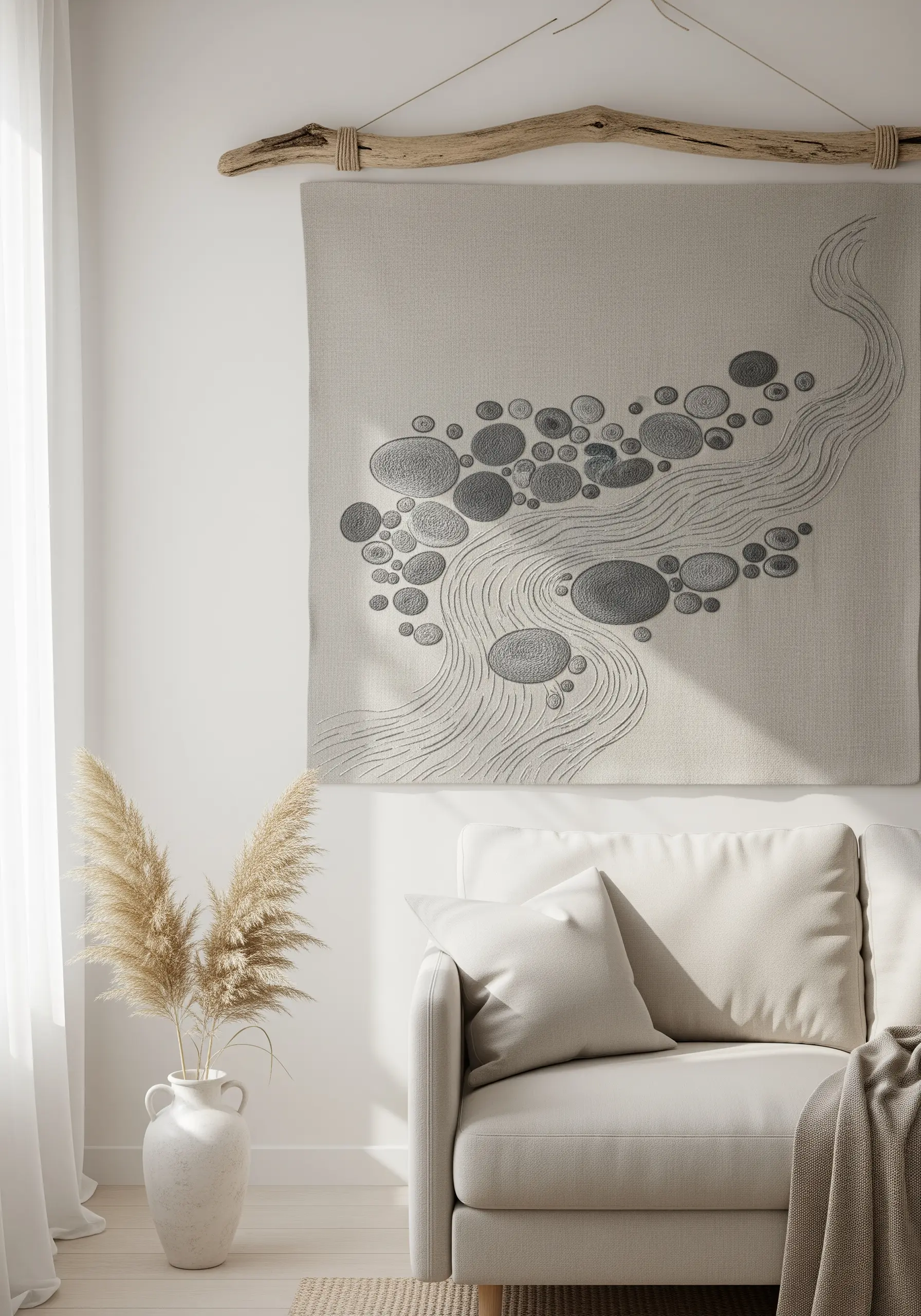 Large neutral wall hanging with abstract embroidered river stones and water currents.
