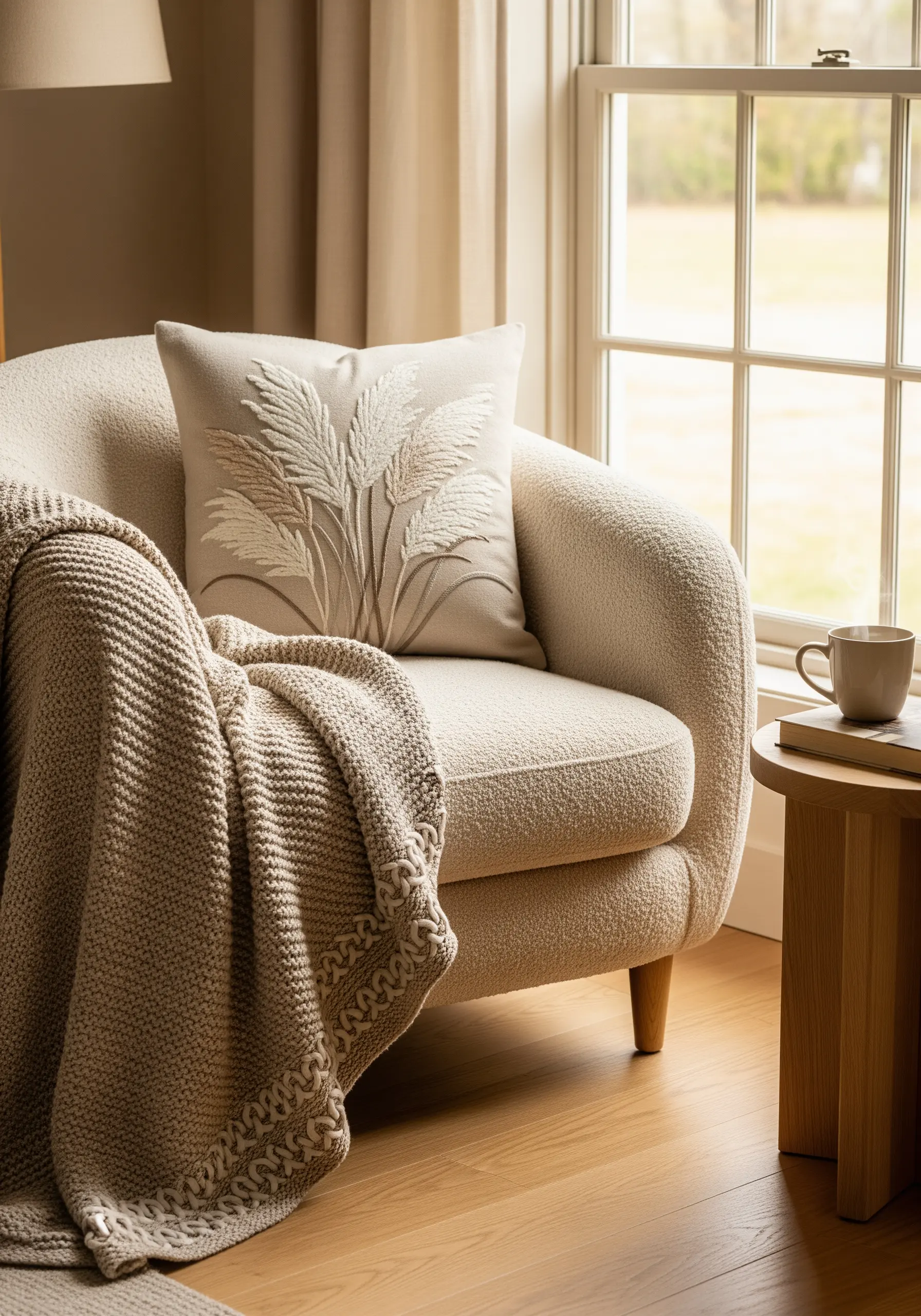 Embroidered pampas grass cushion with textured stitches in neutral tones.
