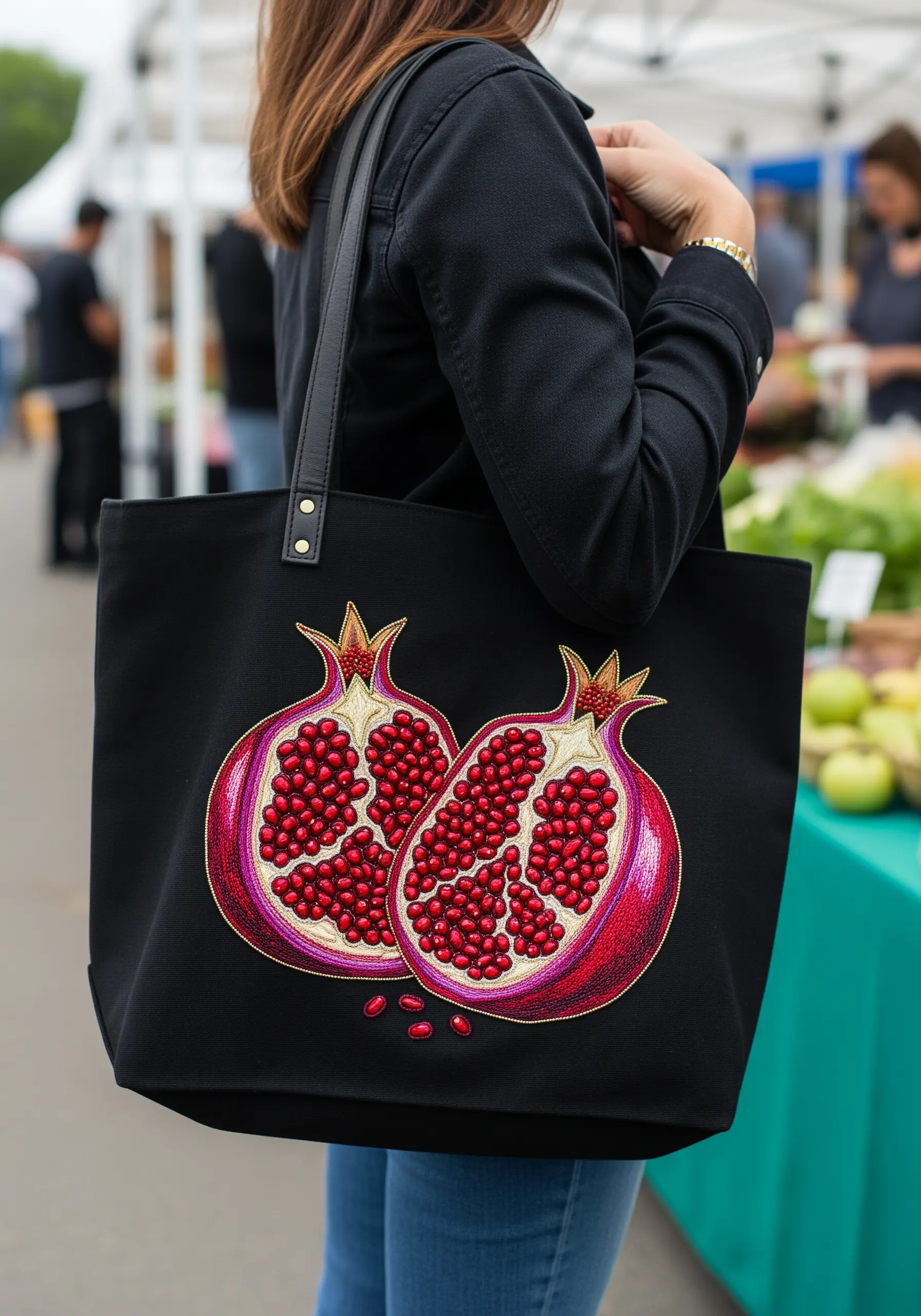 Detailed embroidery of two pomegranates cut in half on a black tote bag