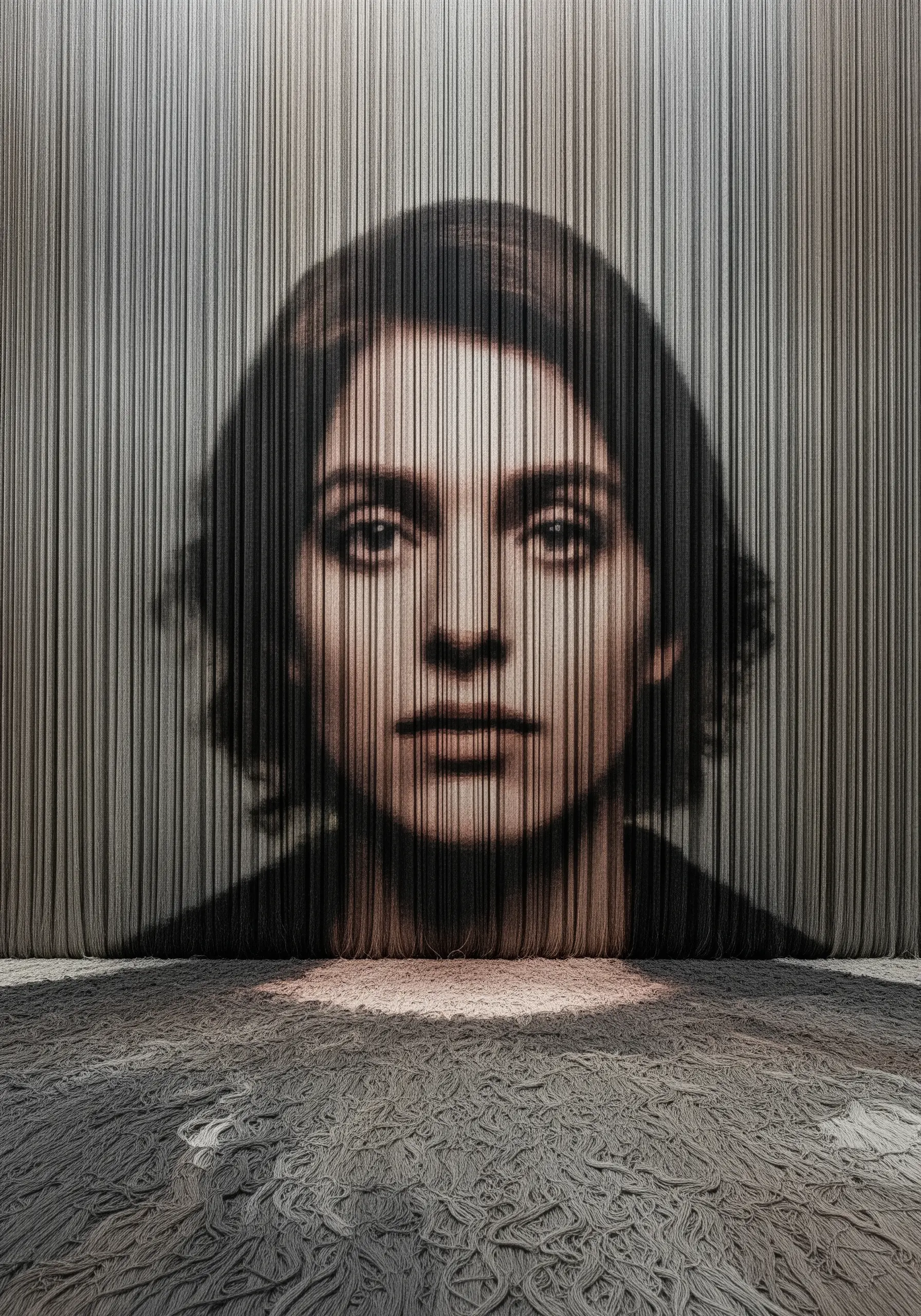 A portrait of a woman is formed from vertical threads, creating a mysterious, curtain-like effect.