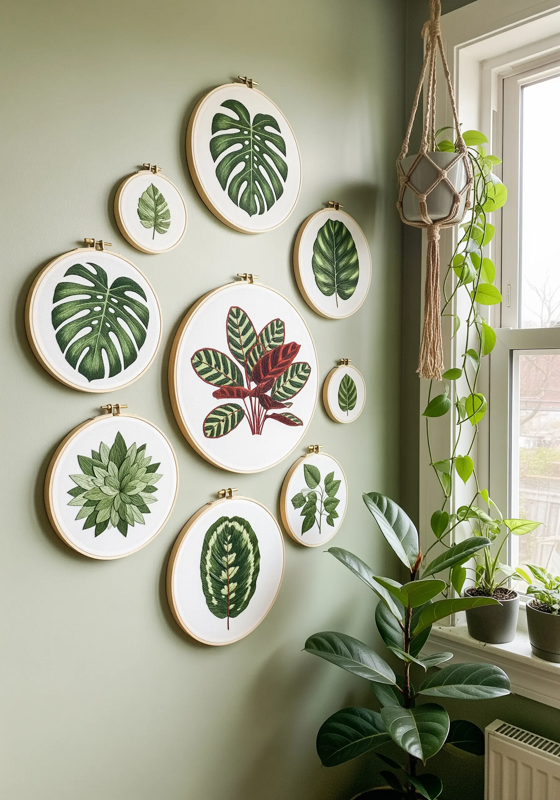 A corner gallery wall of hoops with realistically stitched green botanical leaves.