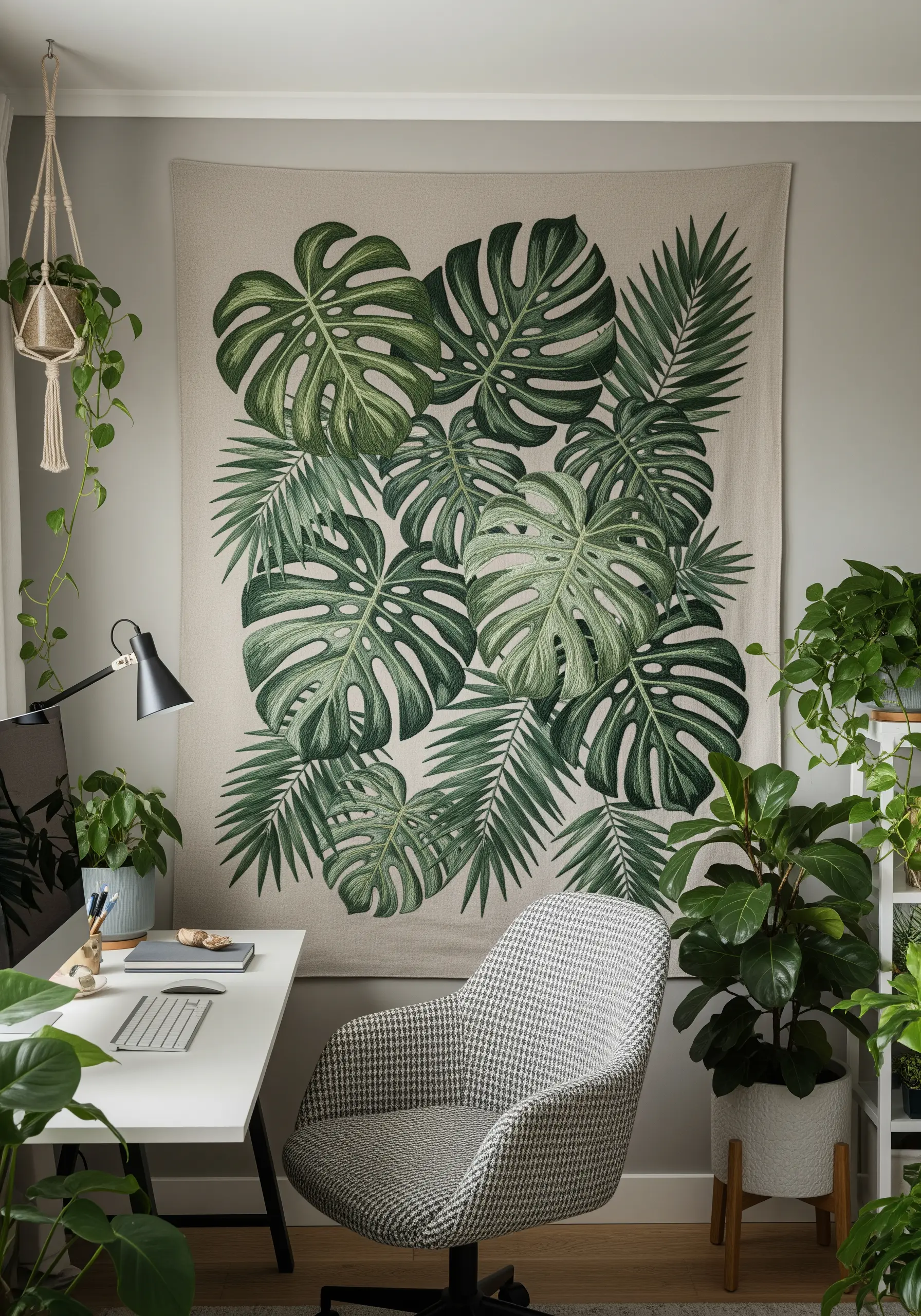 Large textile wall hanging with realistic, thread-painted monstera and palm leaves.