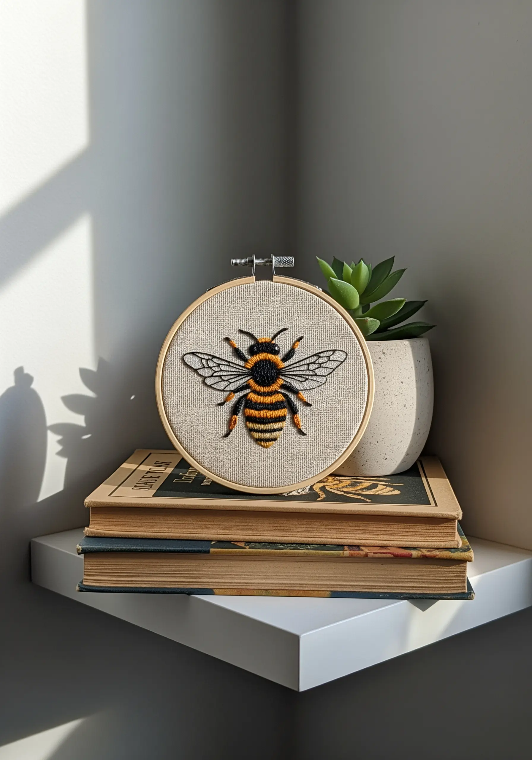 Detailed embroidery of a bee in a hoop, focusing on realistic wing and body texture.