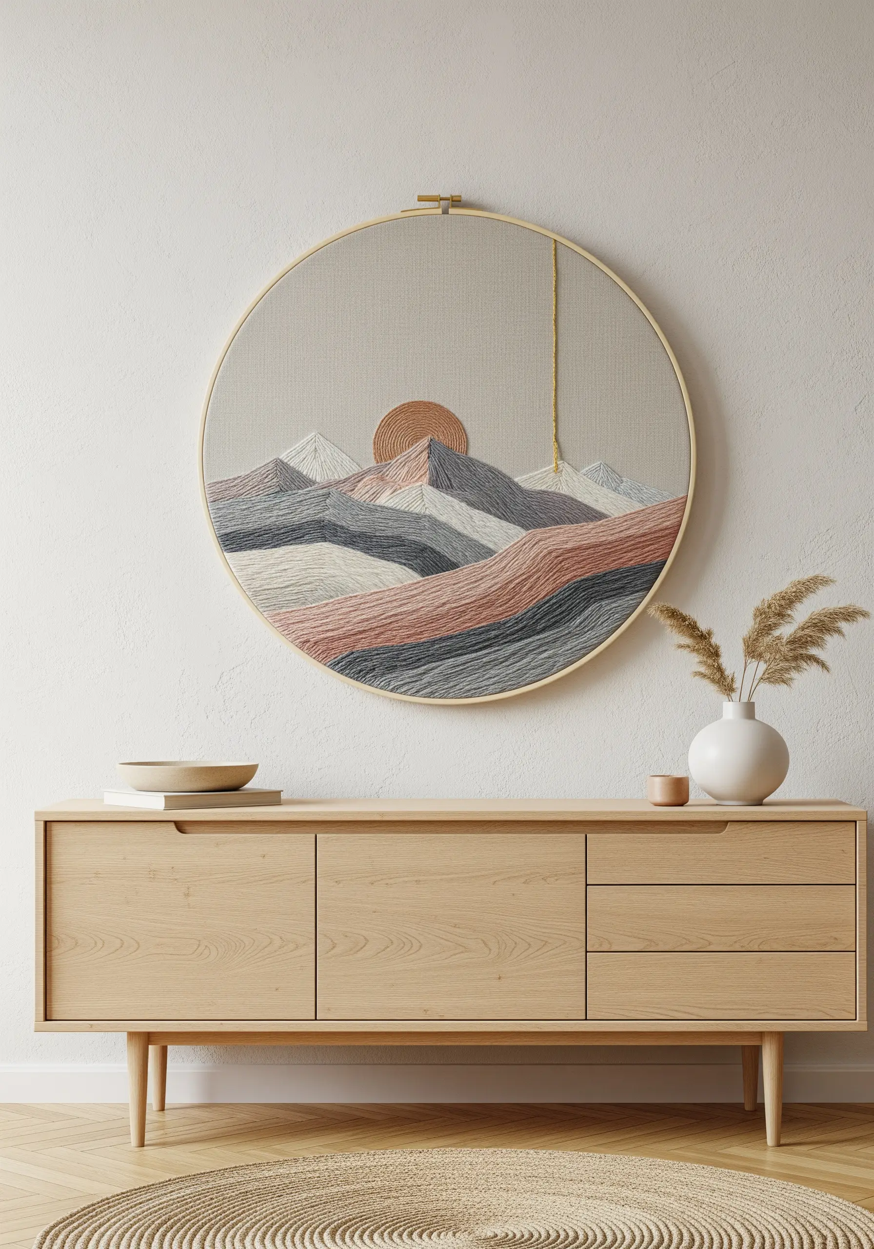 Large embroidery hoop with a minimal landscape of mountains and a sun.
