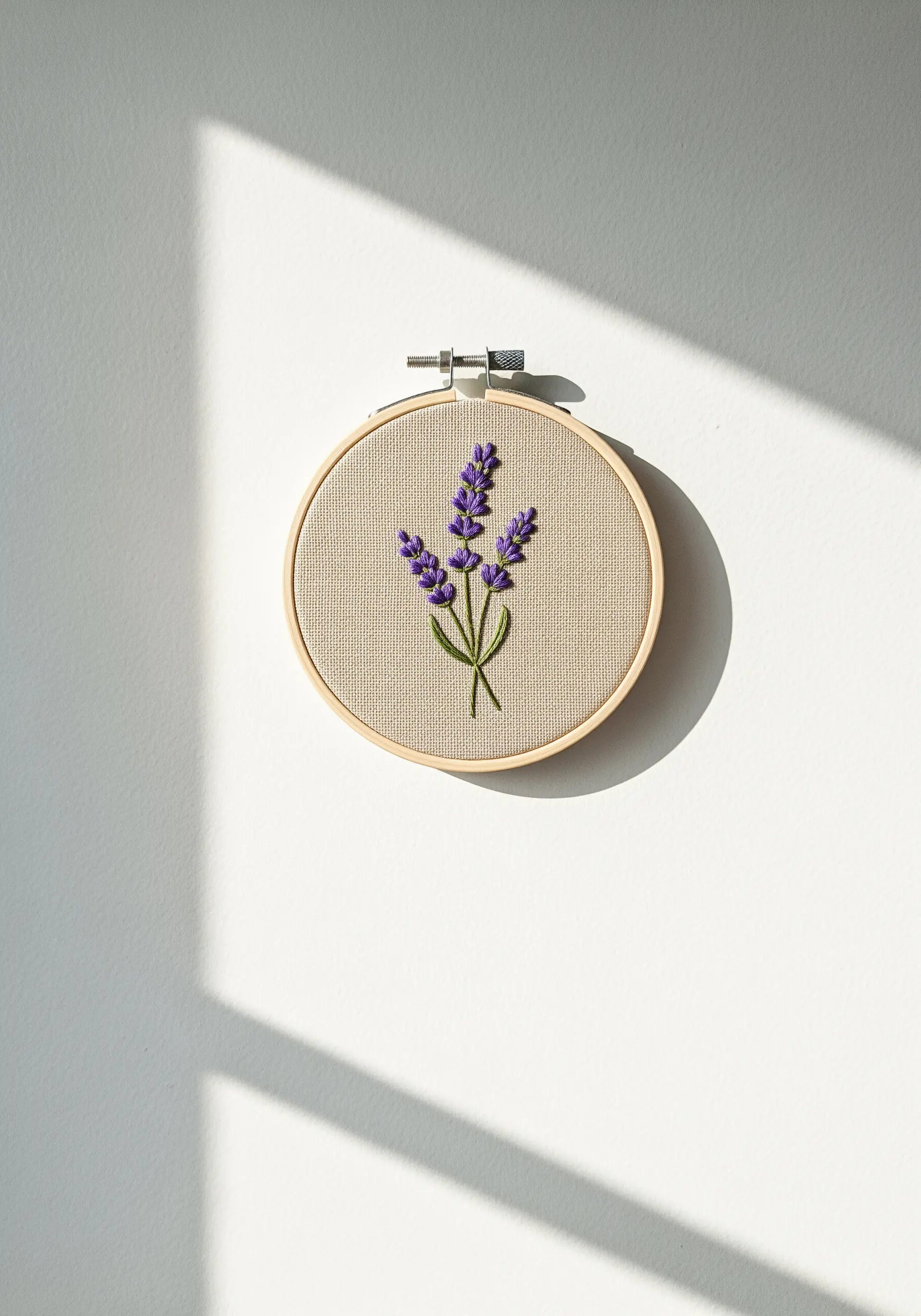 Minimalist lavender sprig embroidery with French knot details on neutral linen.