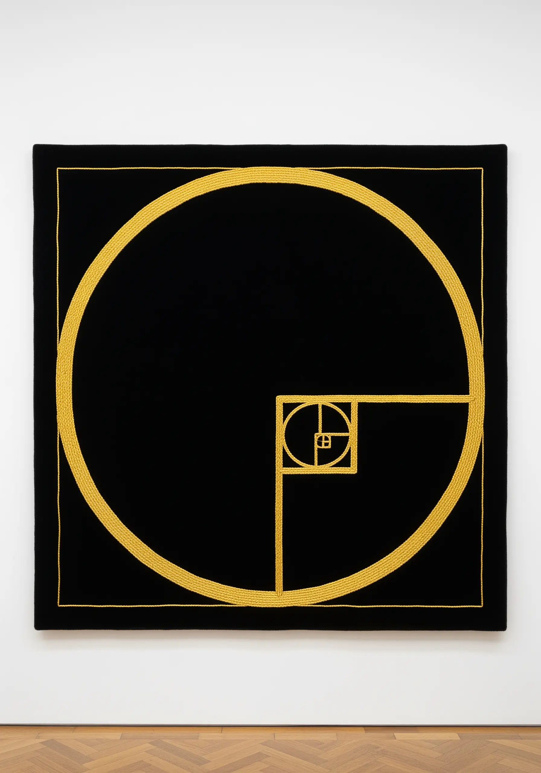 A minimalist design of the golden ratio spiral created with thick gold rope on black velvet.