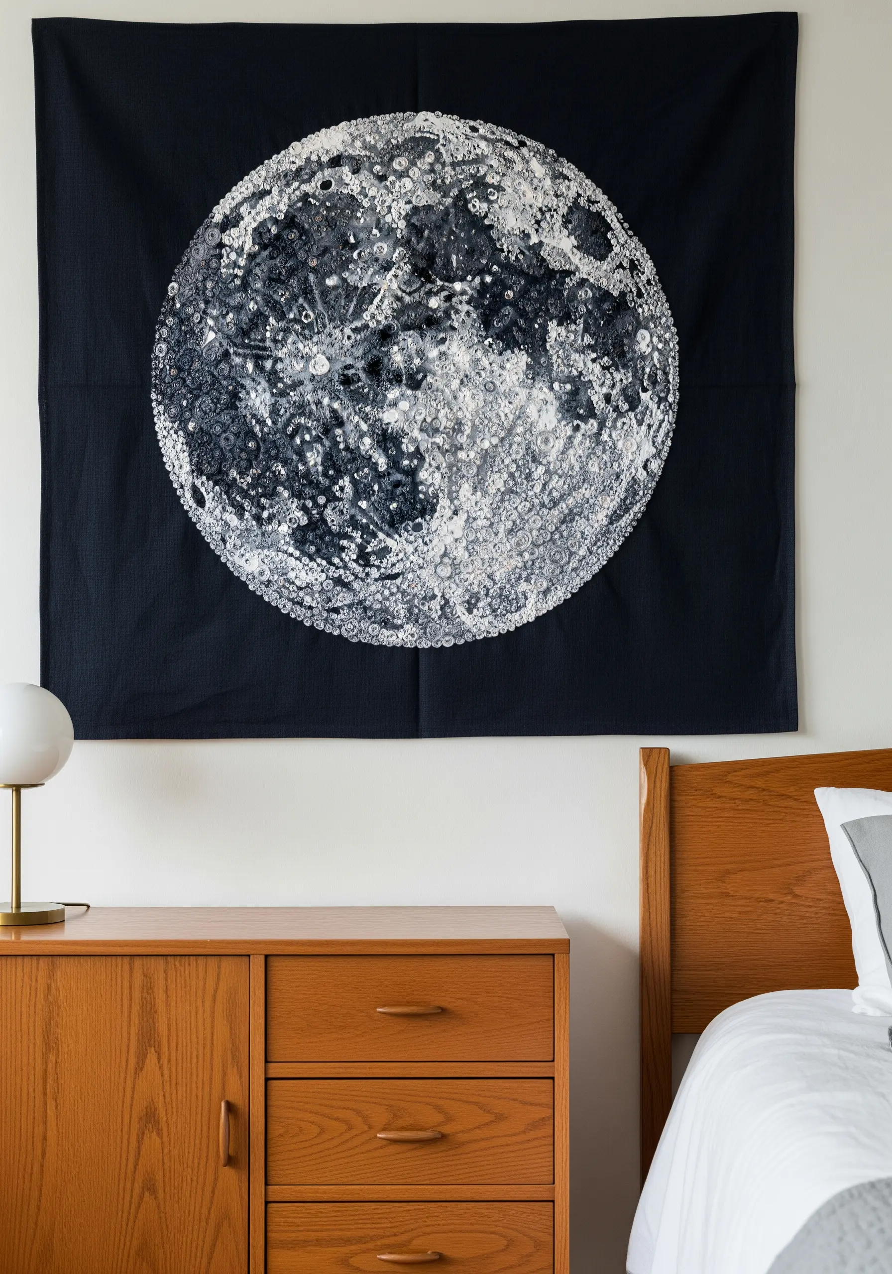 A large, highly detailed embroidery of the full moon on black fabric