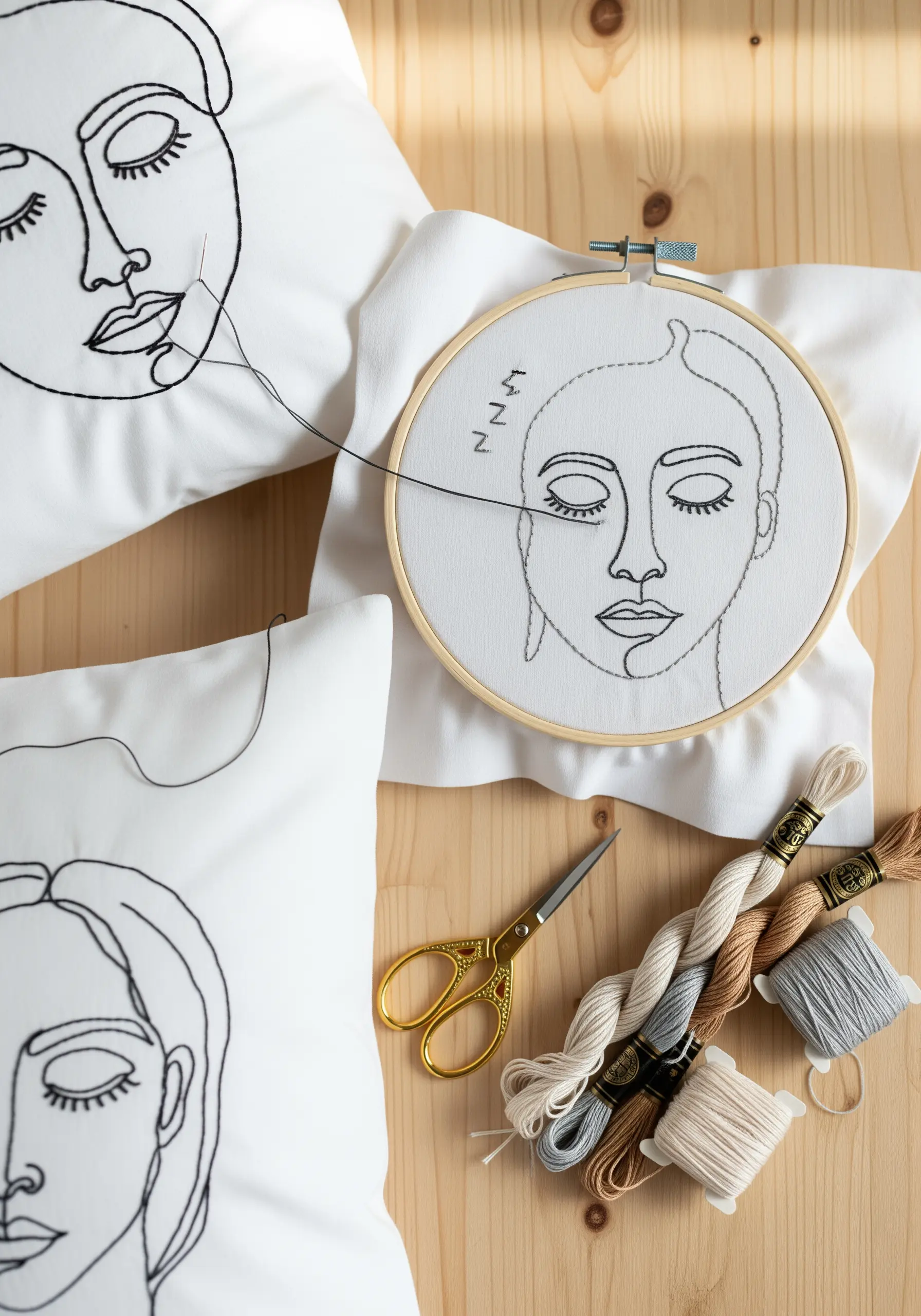 Minimalist face line art embroidered in black thread on a white pillow cover.