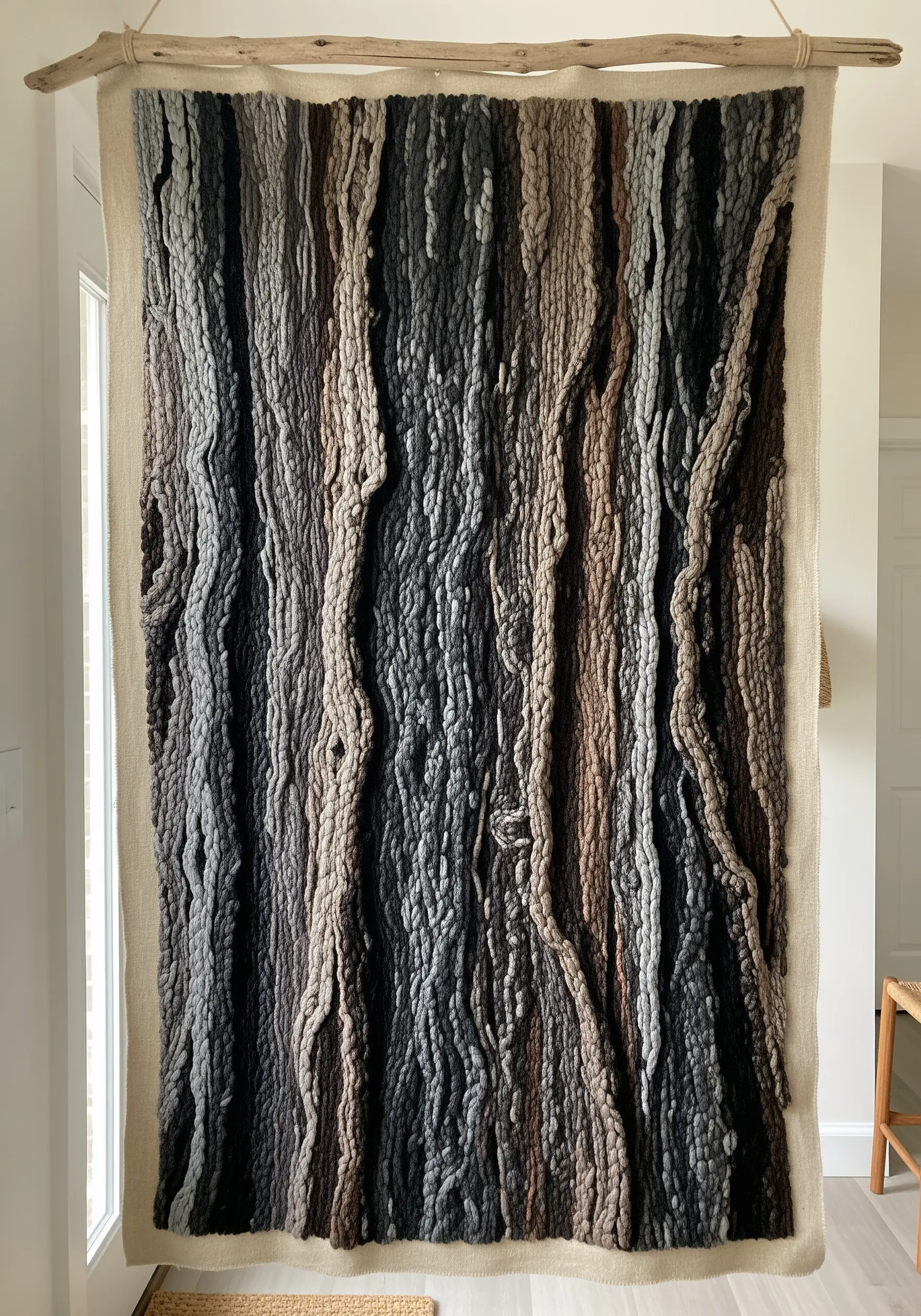 A large wall tapestry with thick, couched yarns creating a realistic tree bark texture.