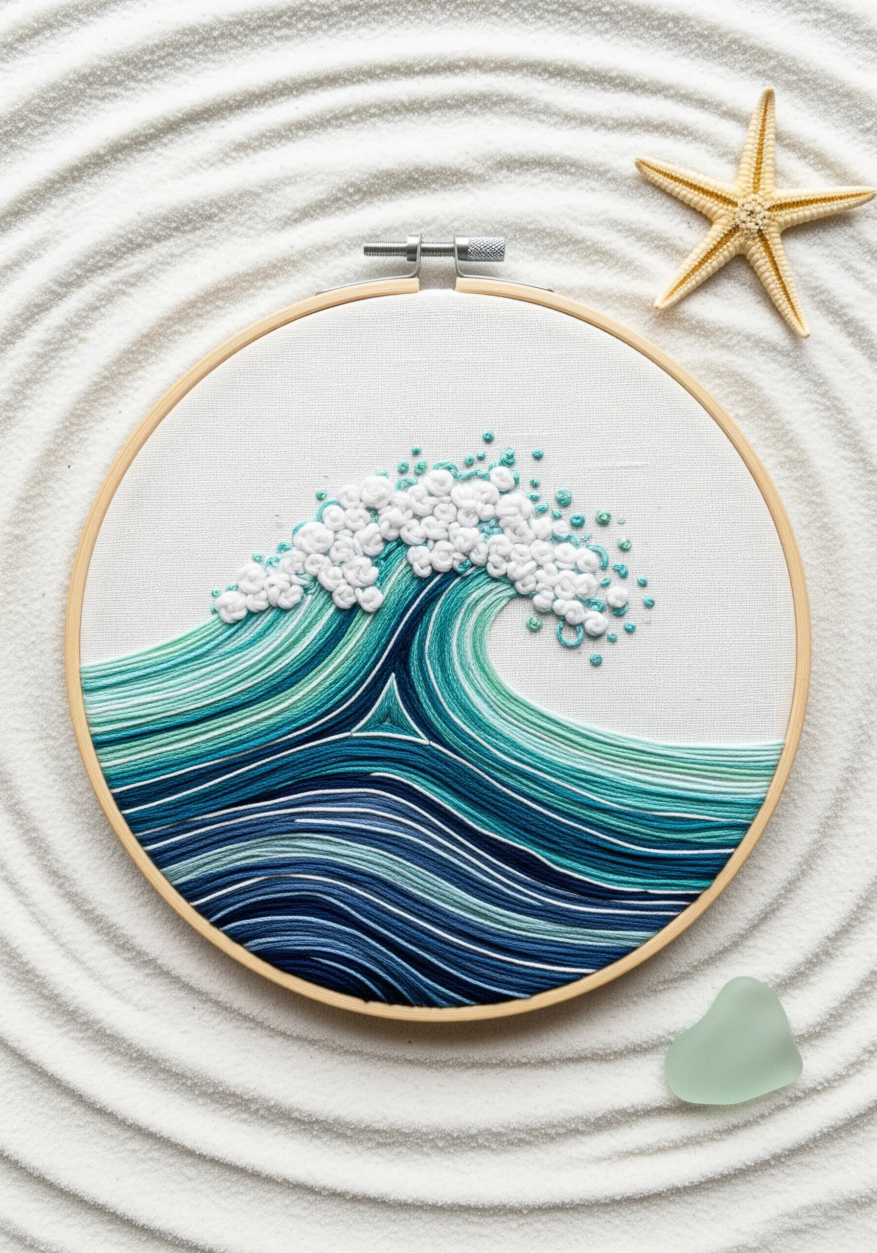 Embroidered wave in a hoop with French knot seafoam crest on a sand background.