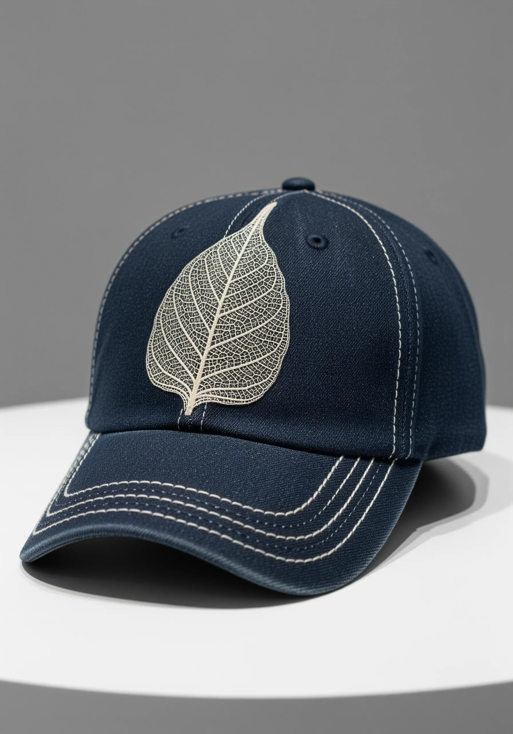 A delicate, intricate skeleton leaf stitched in white thread on a dark blue baseball cap.