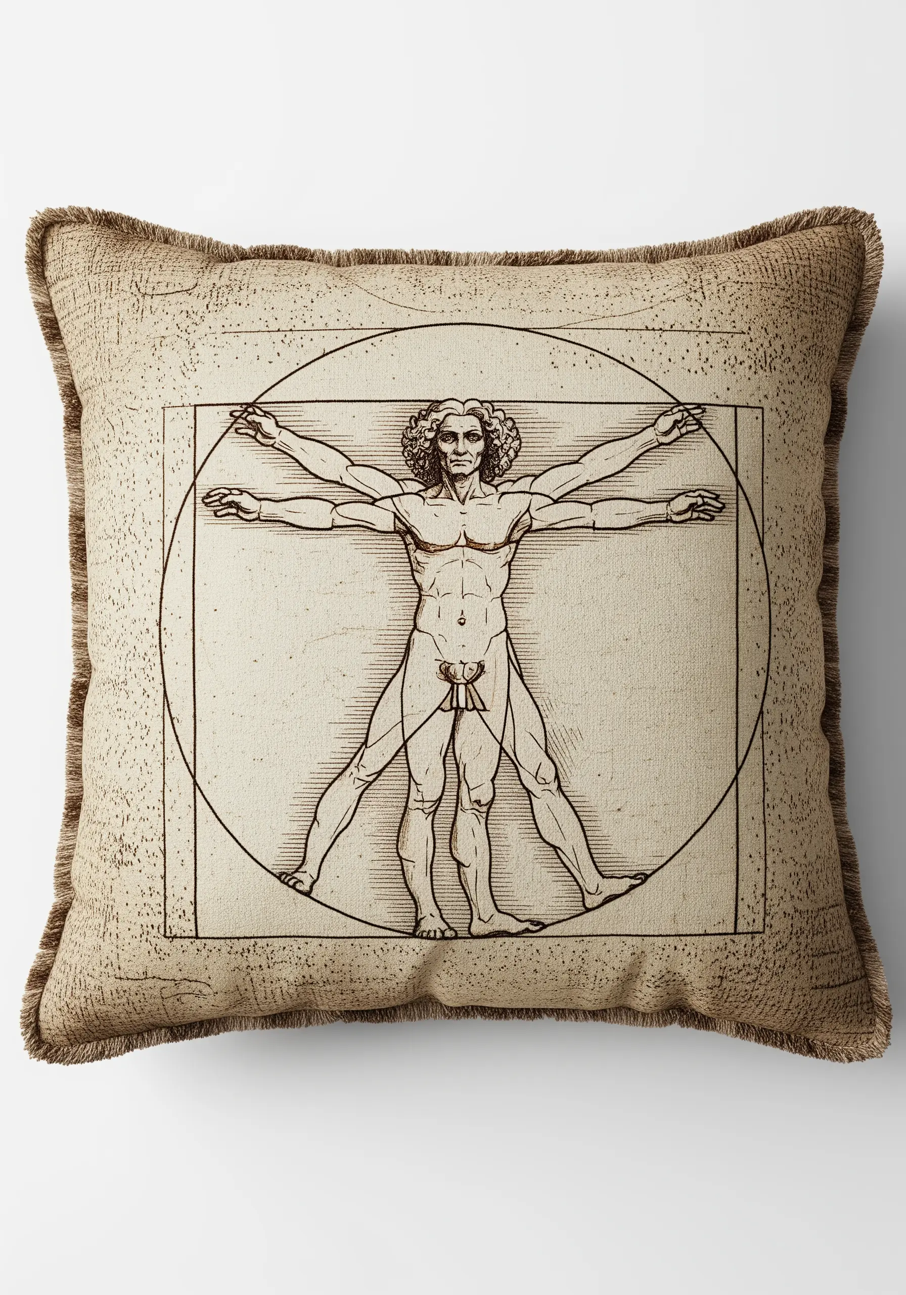Leonardo da Vinci's Vitruvian Man embroidered in thin brown thread on a burlap cushion.