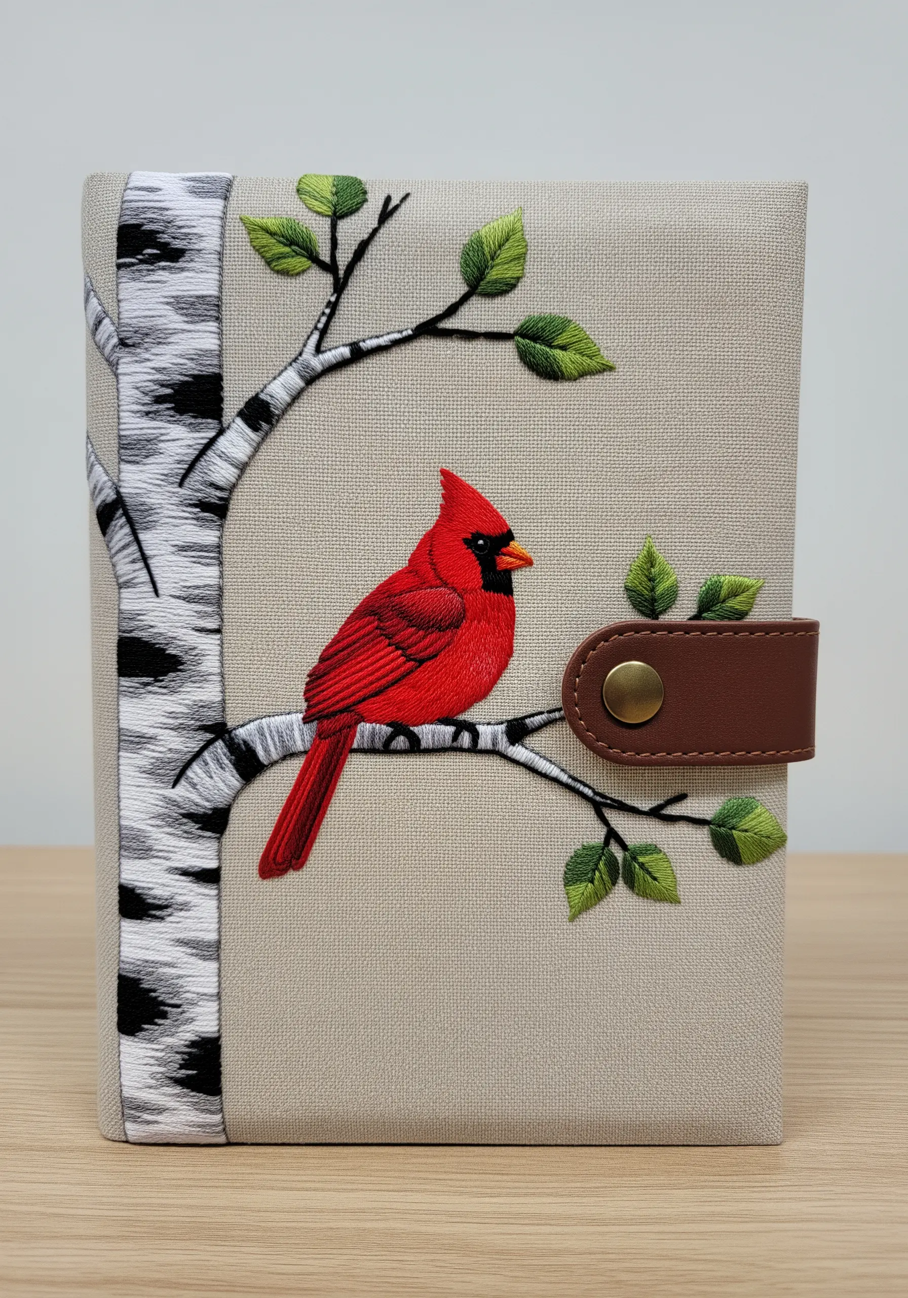 An embroidered red cardinal perched on a birch tree branch on a journal cover.