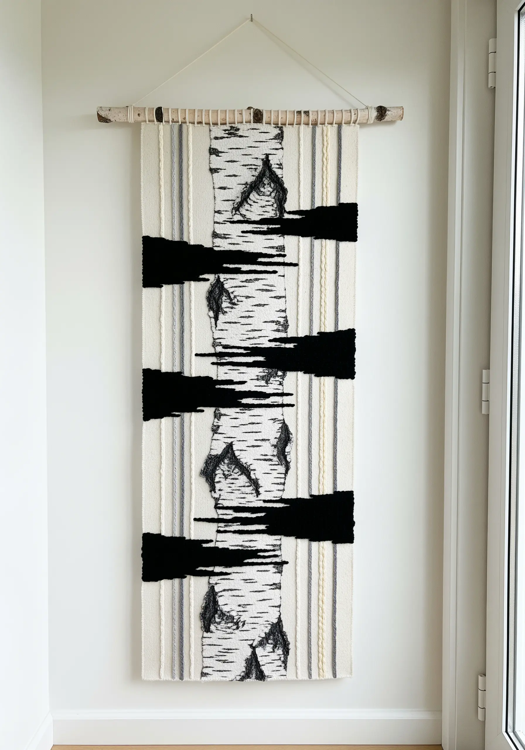 A woven wall hanging mimicking birch bark with black embroidered details and abstract shapes.