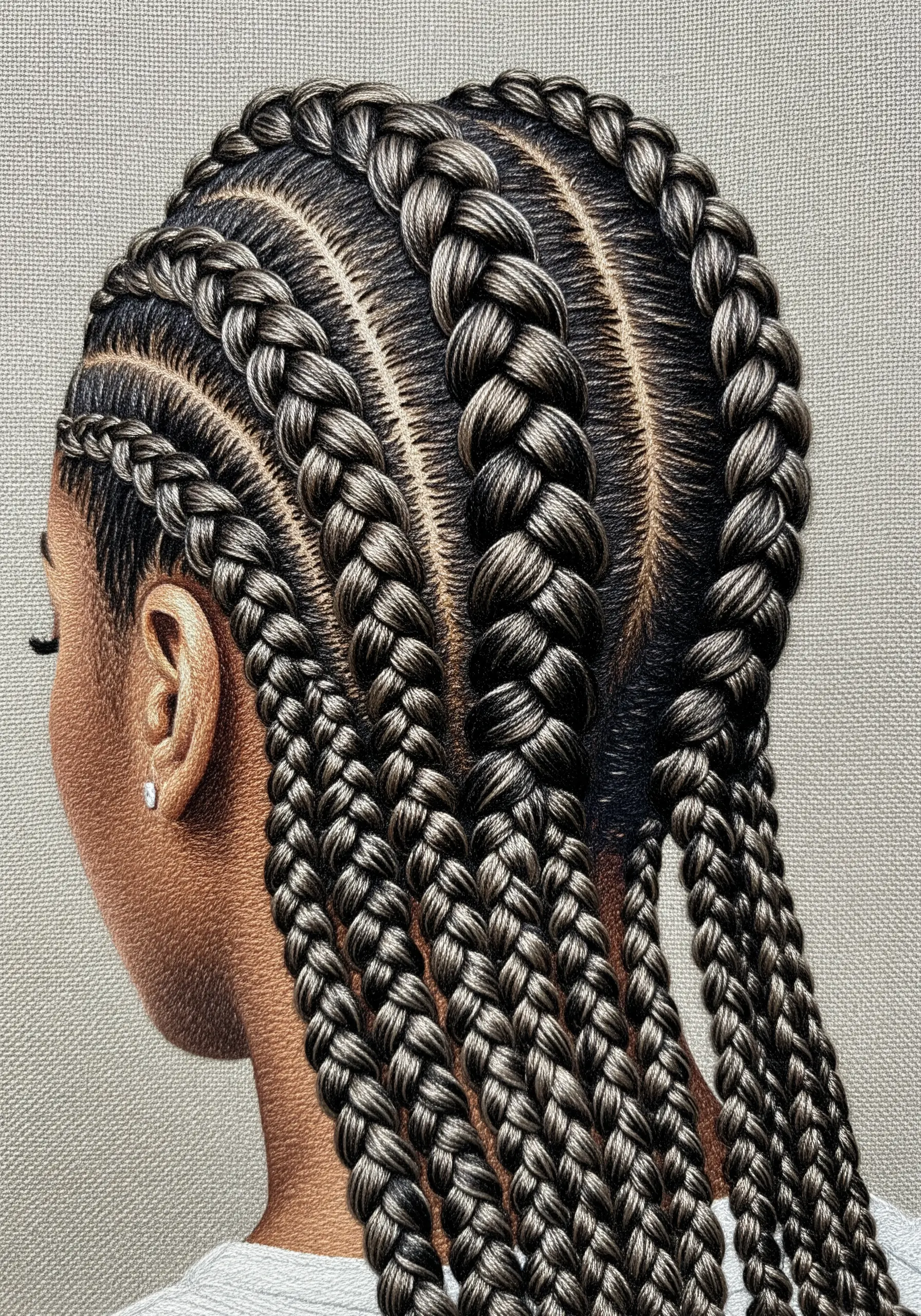 Extremely detailed embroidery of cornrow braids, showing texture and highlights.