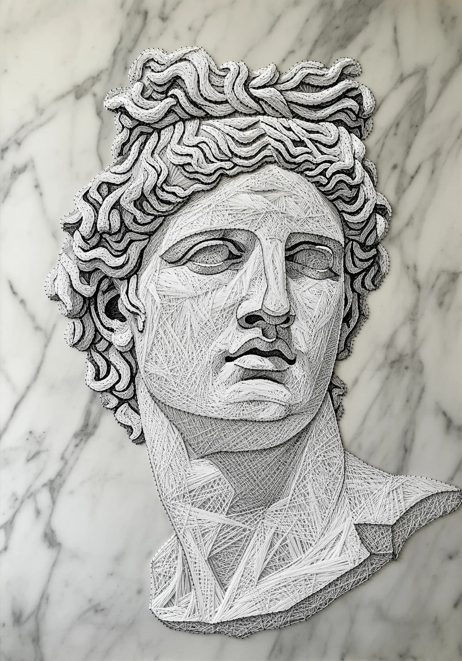A string art portrait of a classical bust, rendered in white thread on a marble background.