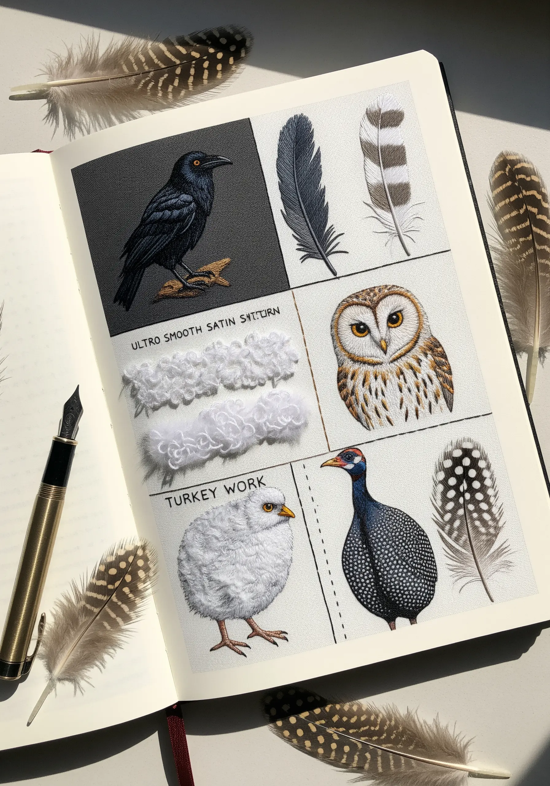 Embroidery sampler showing different bird textures: smooth satin stitch, fluffy turkey work, and thread painting.