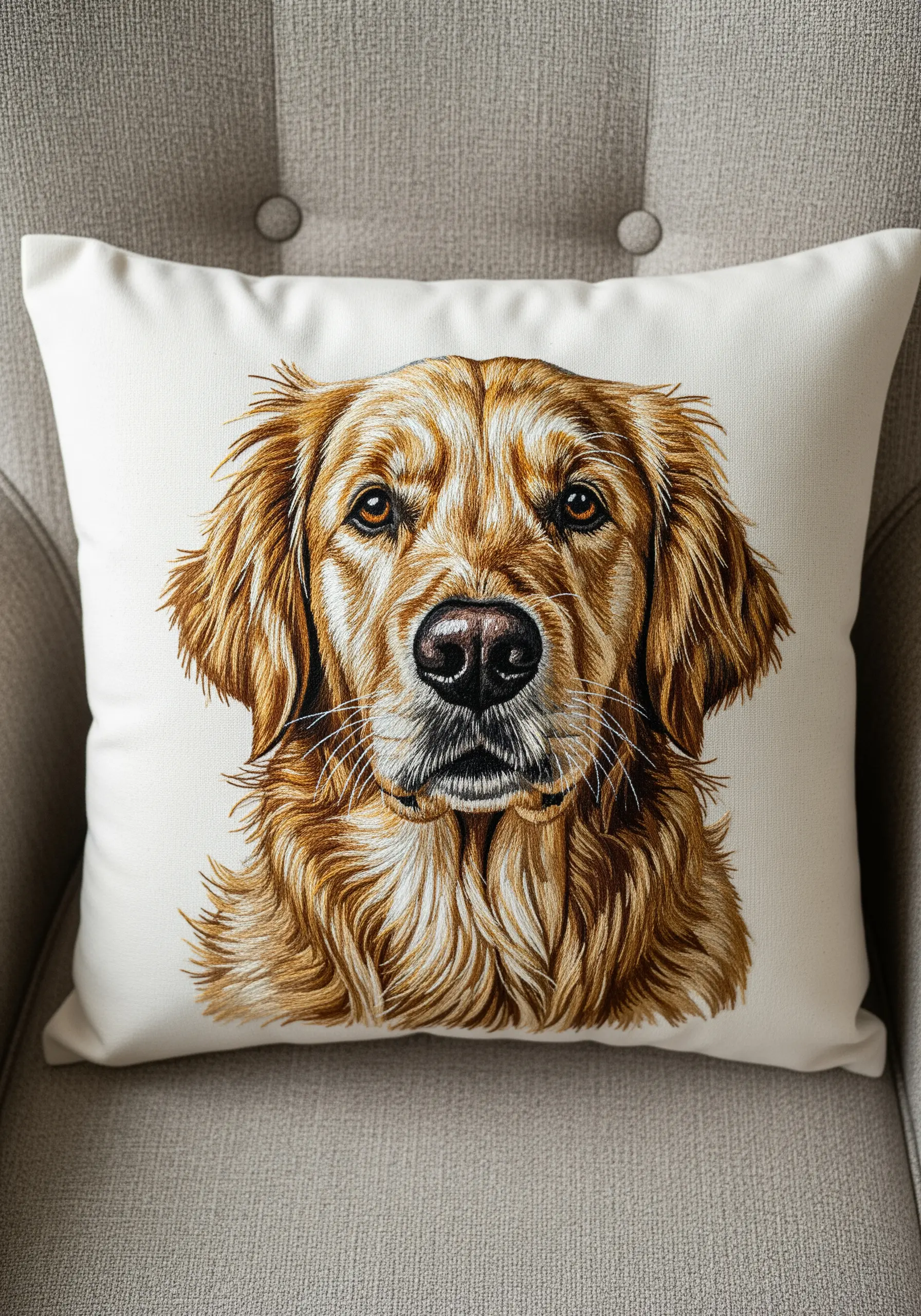 A realistic thread-painted portrait of a golden retriever on a white cushion.