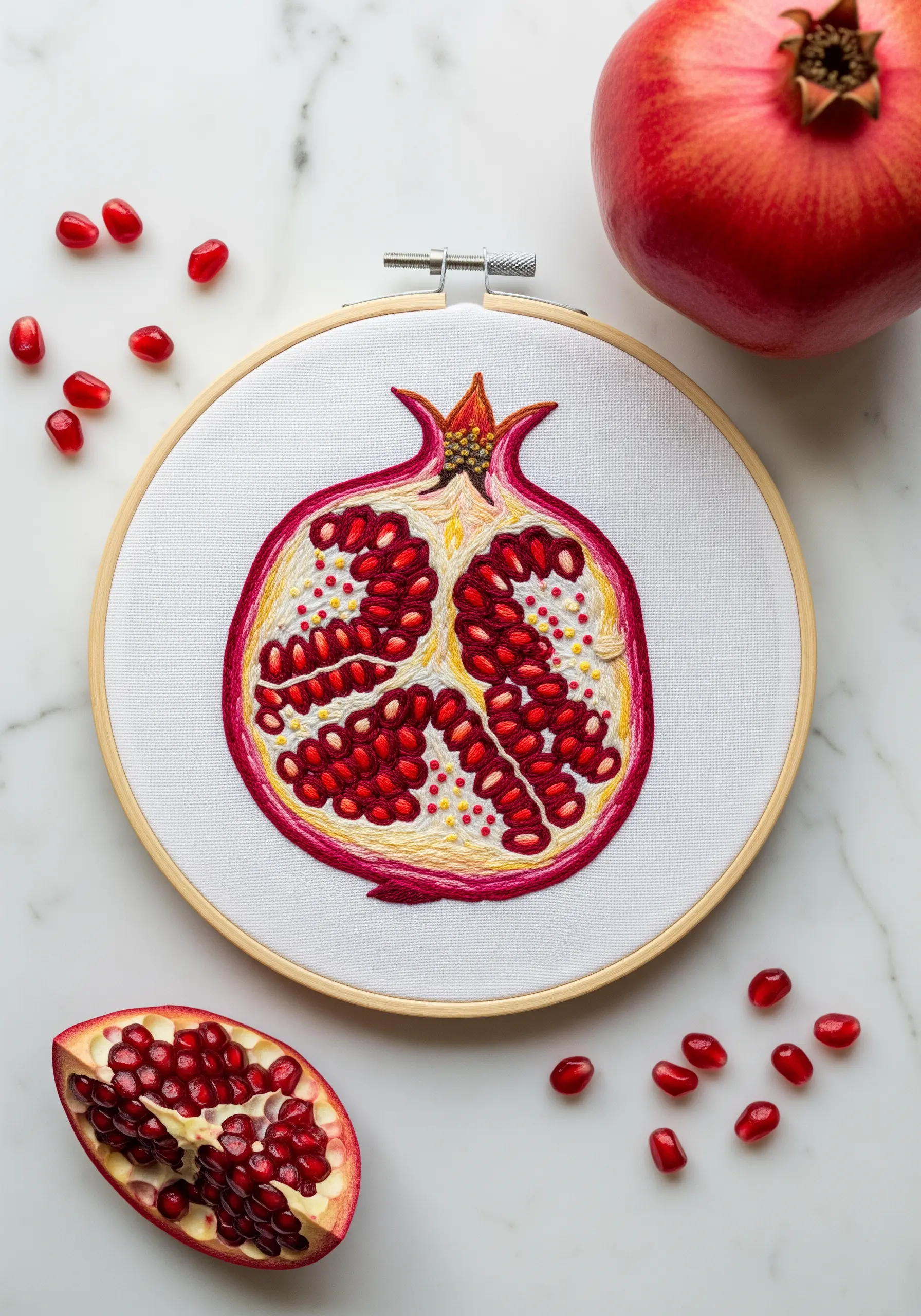 Embroidery of a halved pomegranate, with shiny red French knots for seeds.