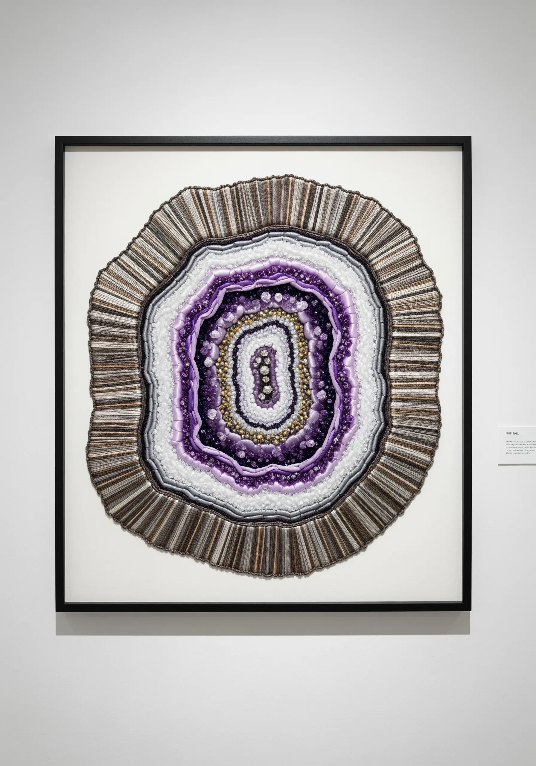 Framed embroidery art of a geode slice with rings of purple, white, and brown thread.