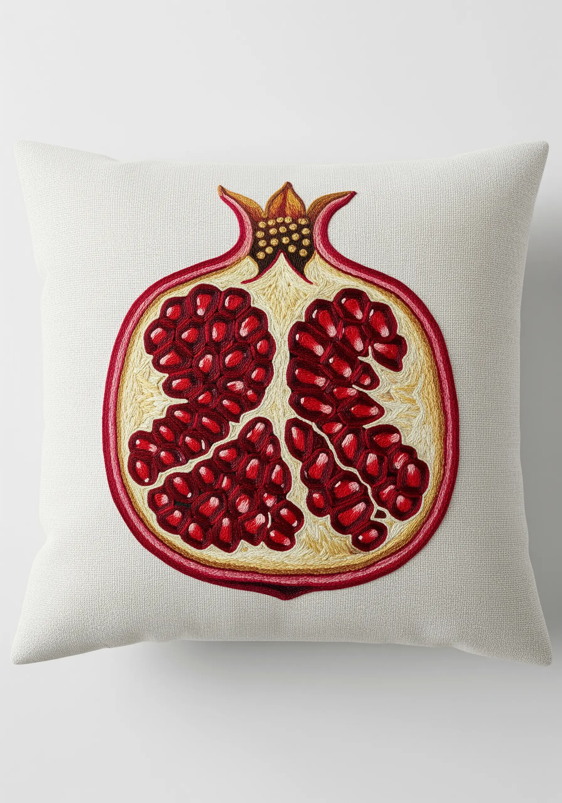 A cross-section of a pomegranate with textural red seeds embroidered on a white pillow.