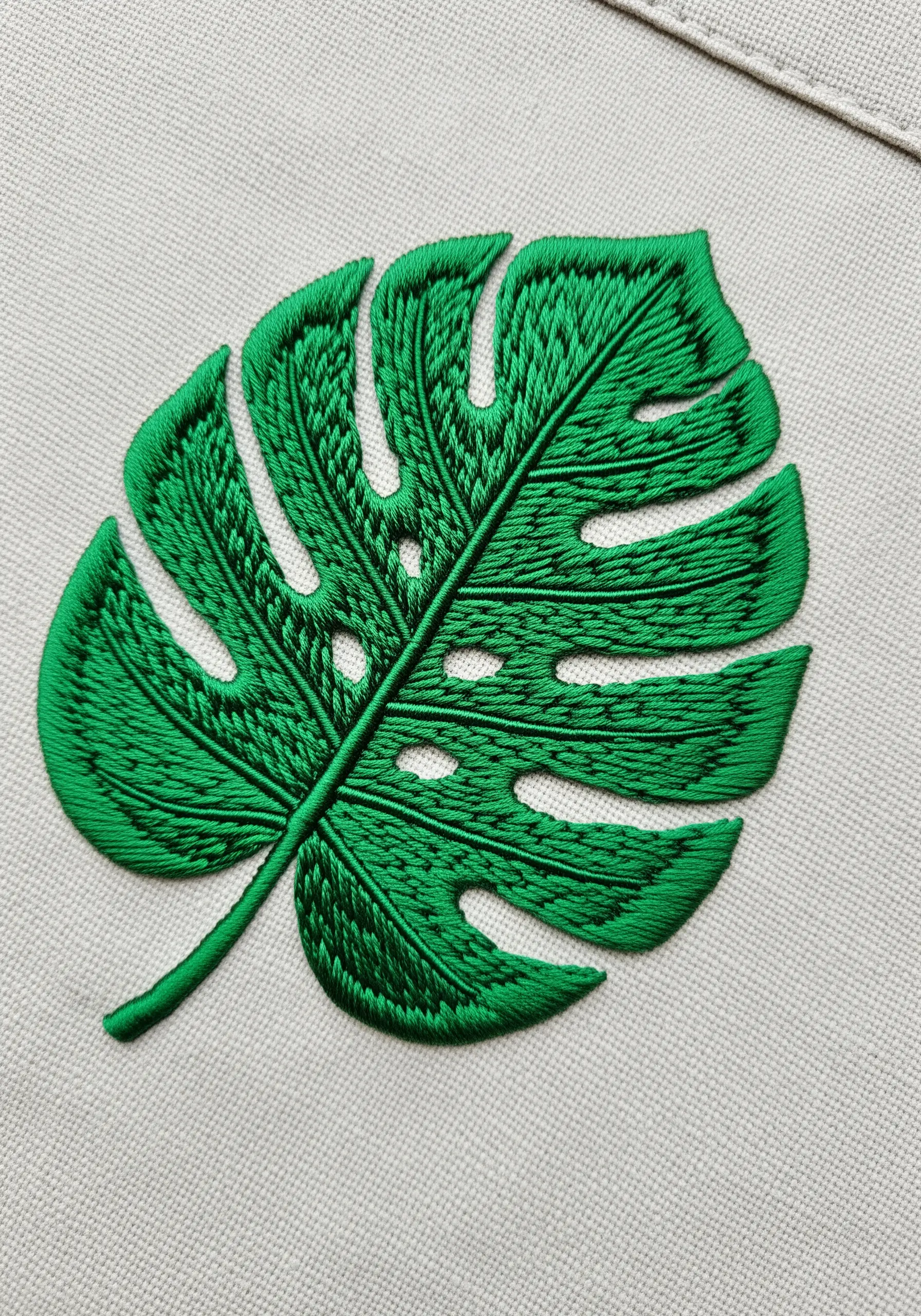 A detailed embroidered monstera leaf using varied green stitches to create texture and veins.