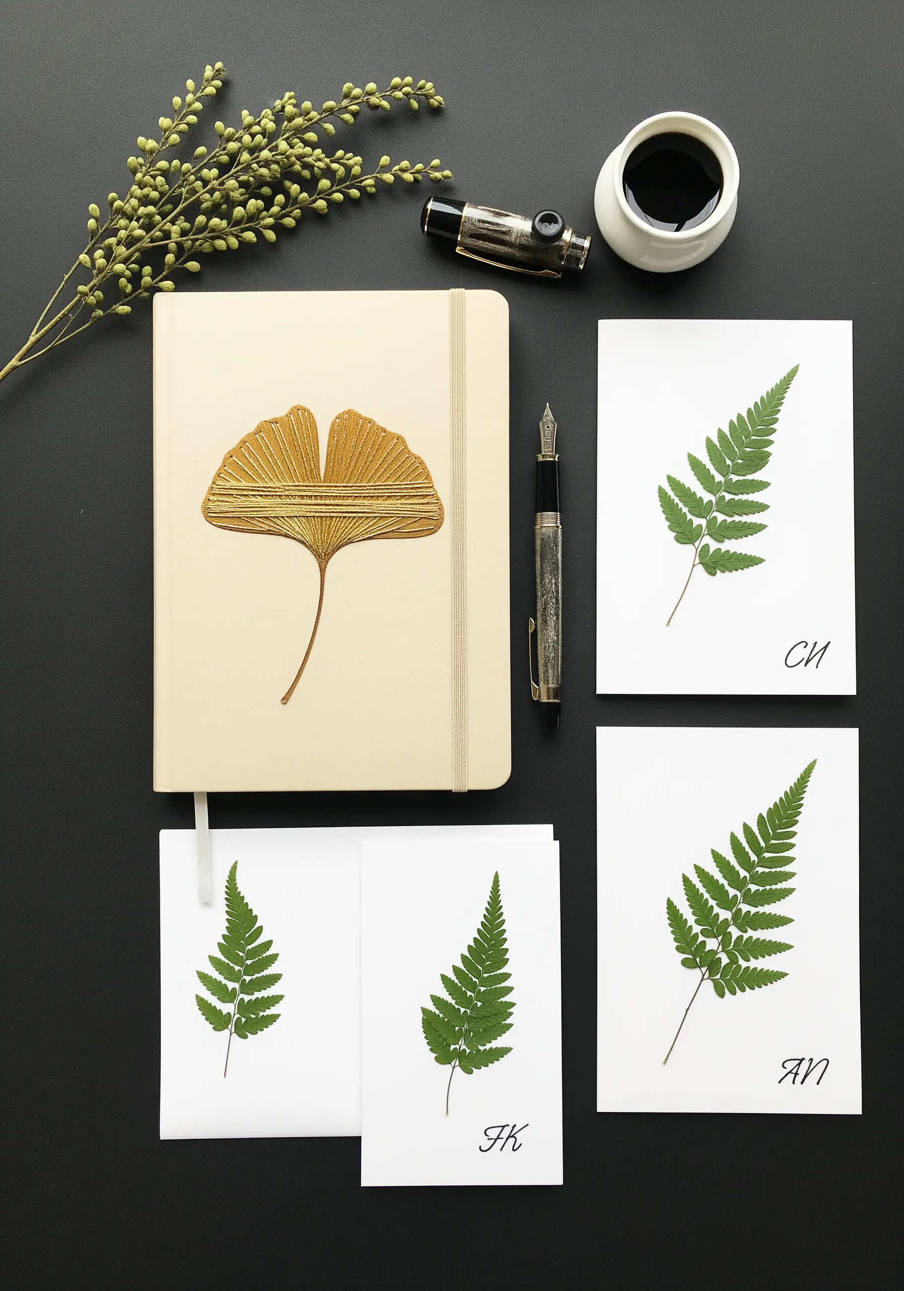 An embroidered ginkgo leaf on a journal cover, surrounded by pressed fern stationery.