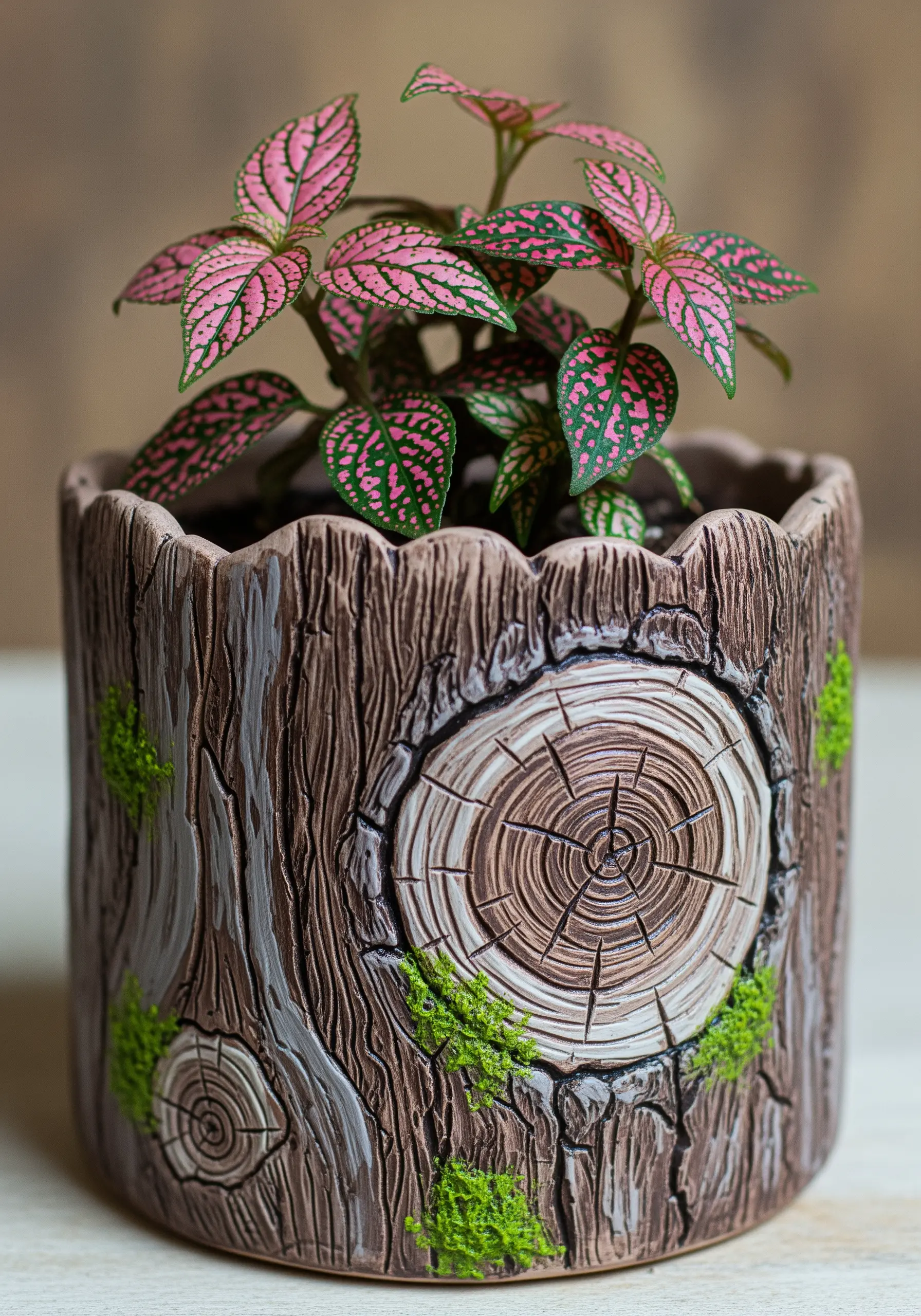 A ceramic pot intricately sculpted and painted to look like a realistic tree stump with moss.