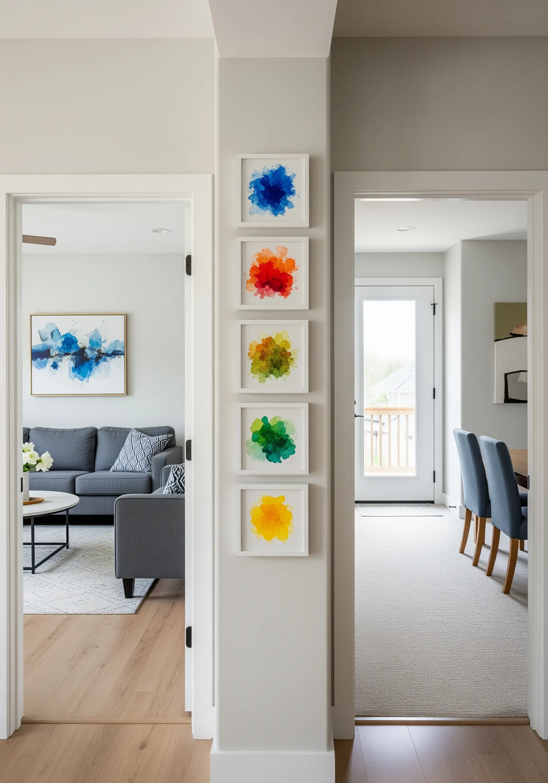 A vertical series of five framed embroideries, each with a different colored watercolor-style paint burst.