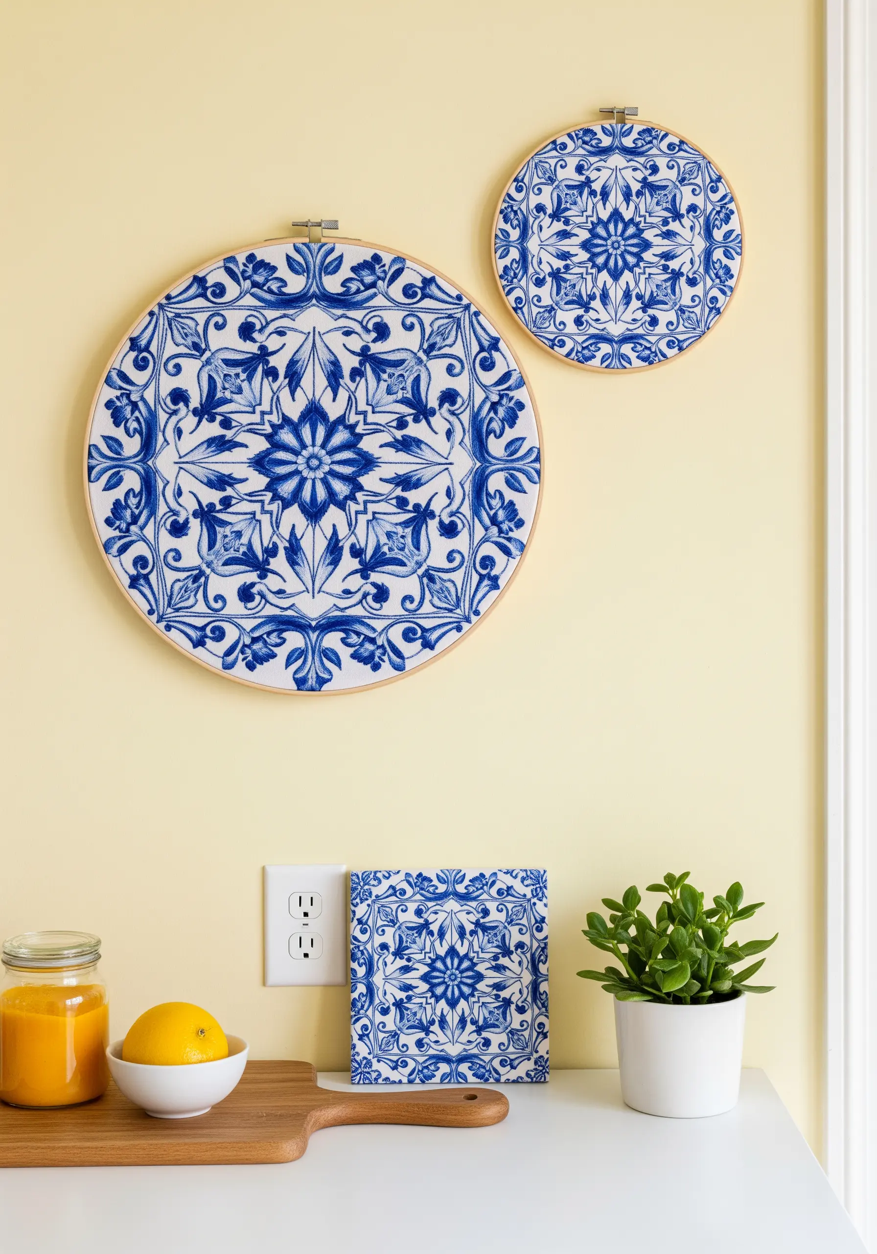 Two embroidery hoops showing intricate blue and white patterns inspired by Portuguese tiles.