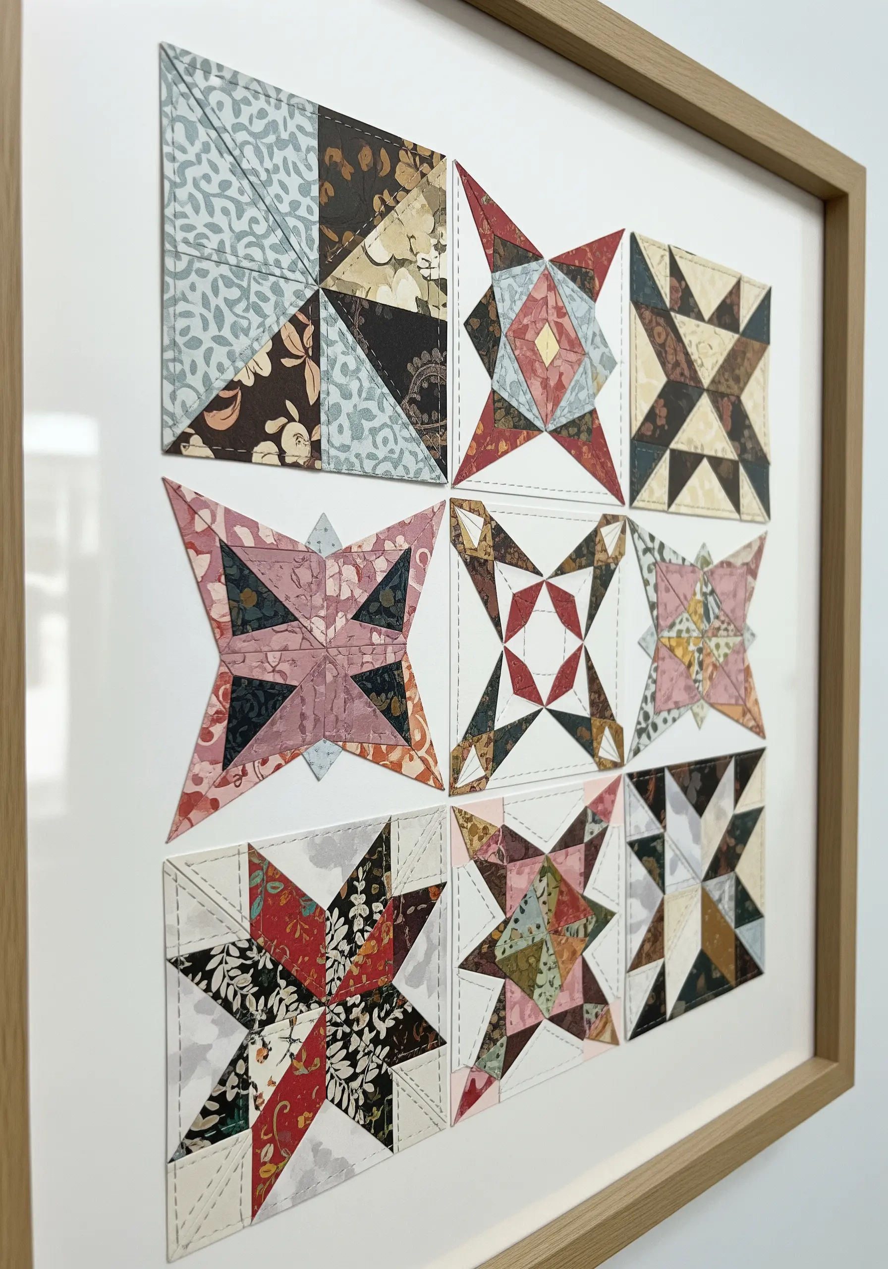 A framed piece of art showing various quilt block patterns made from paper with stitched details.