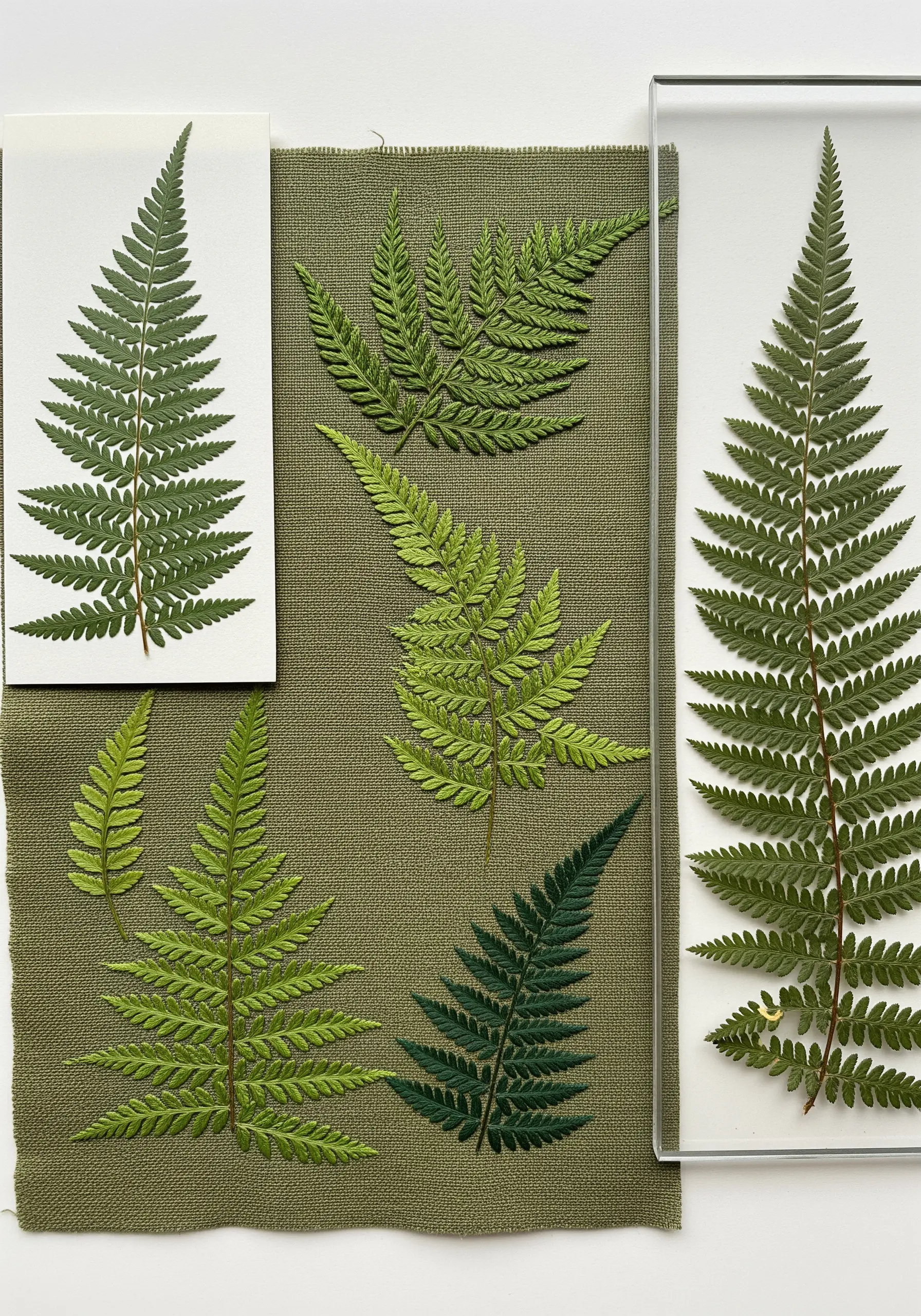 Multiple examples of hyper-realistic embroidered fern leaves in various shades of green on fabric.