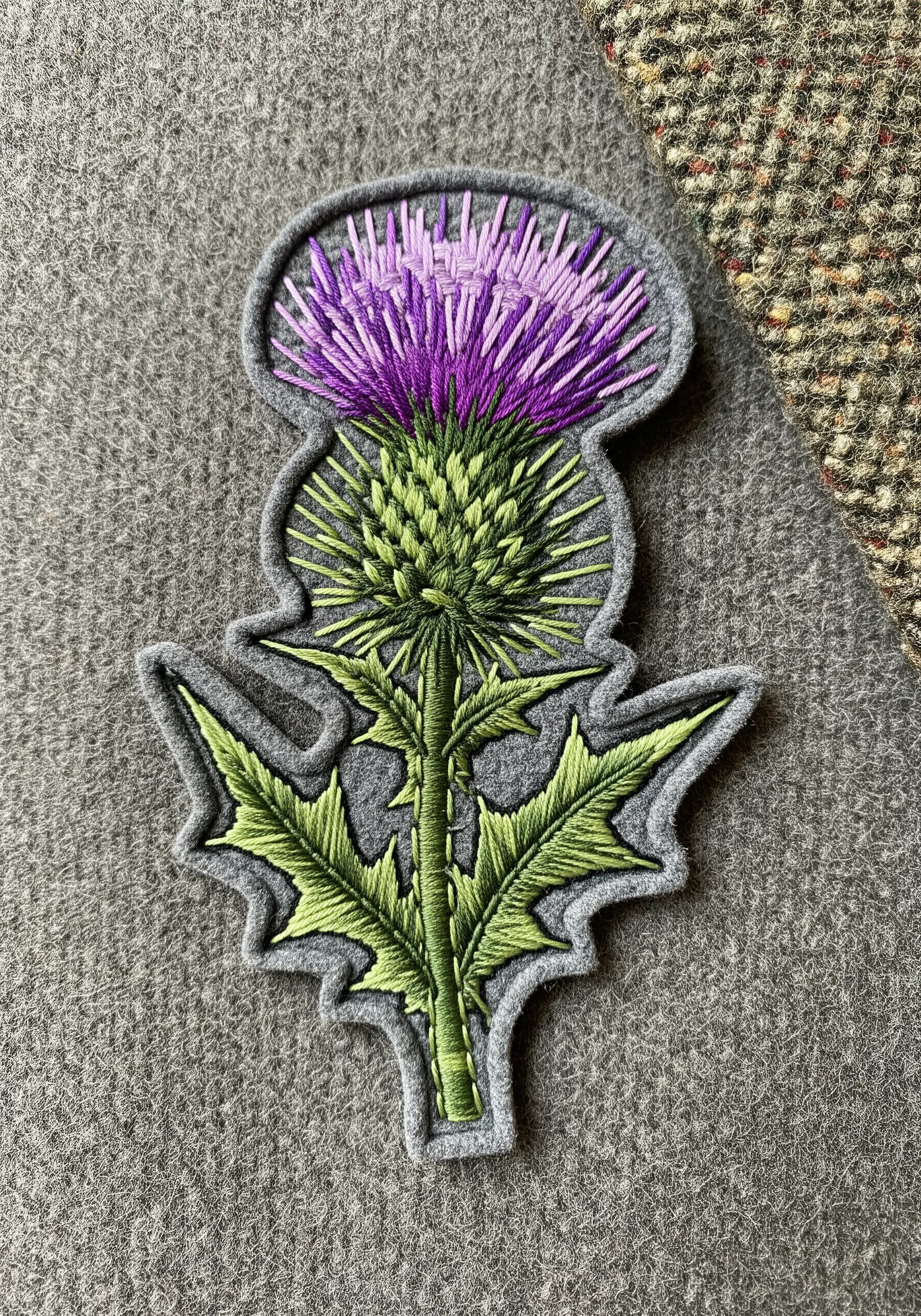 An embroidered patch of a Scottish thistle with a purple flower and spiky green leaves