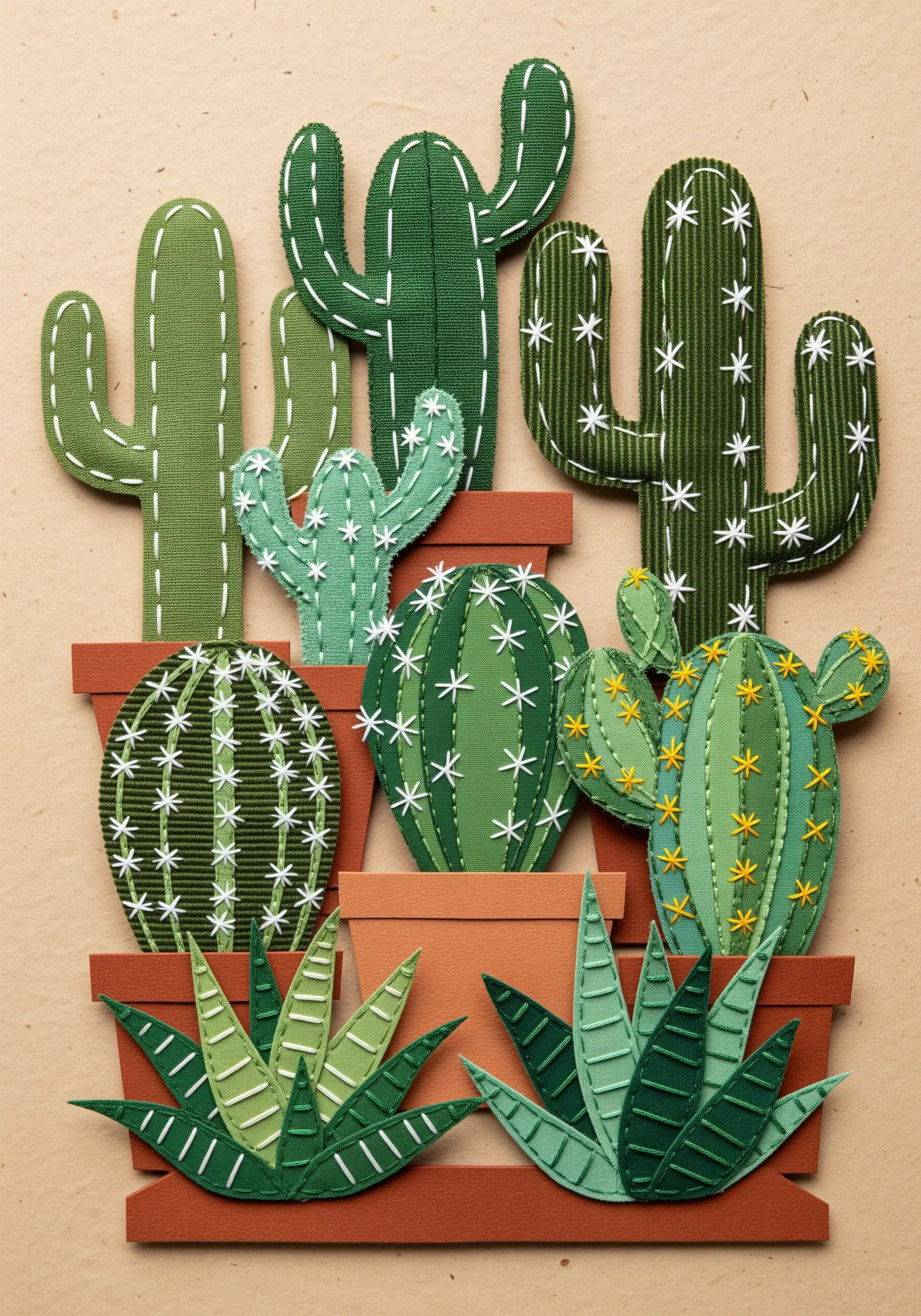 A collage of paper and fabric cacti embellished with various straight stitch spine patterns