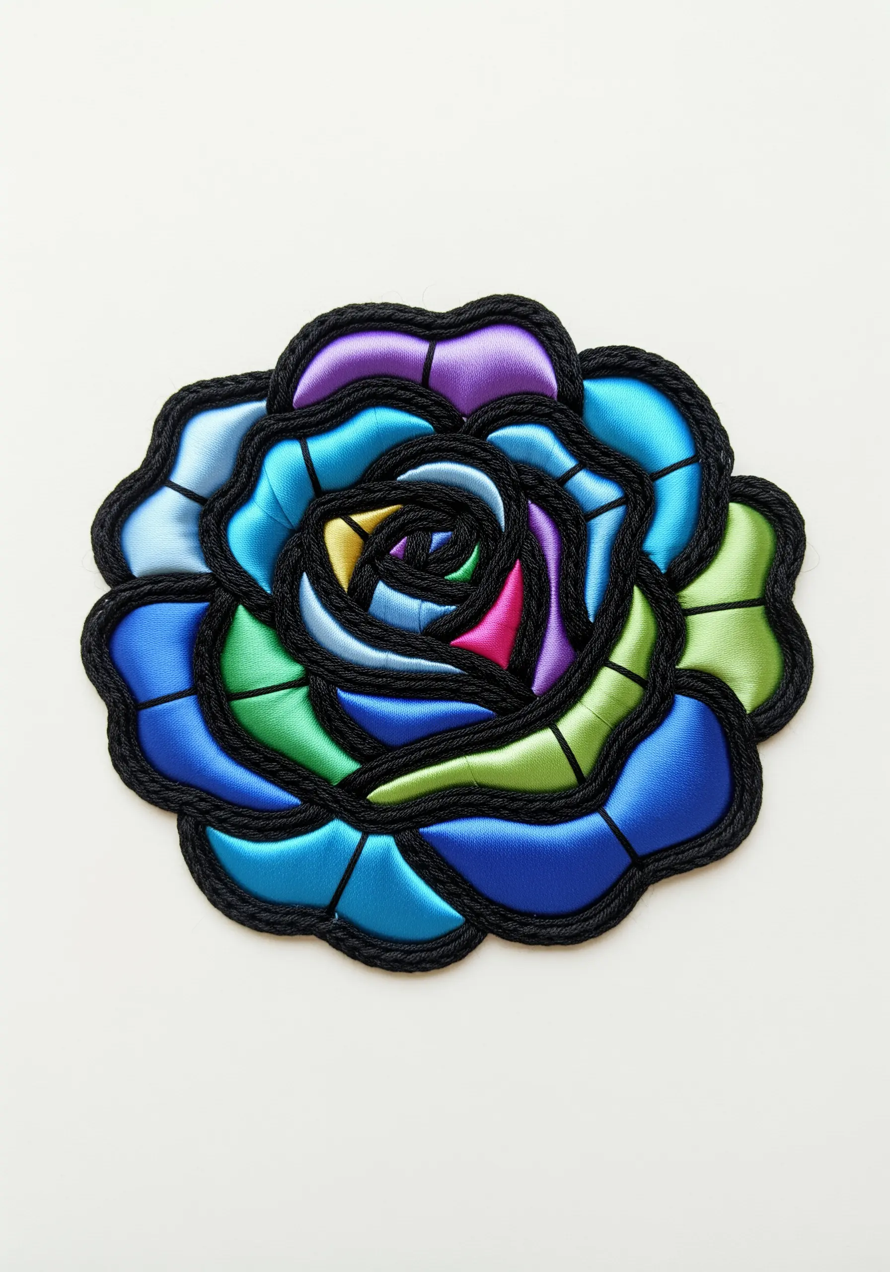 Stained glass style rose made from satin appliqué with black cord outlines.