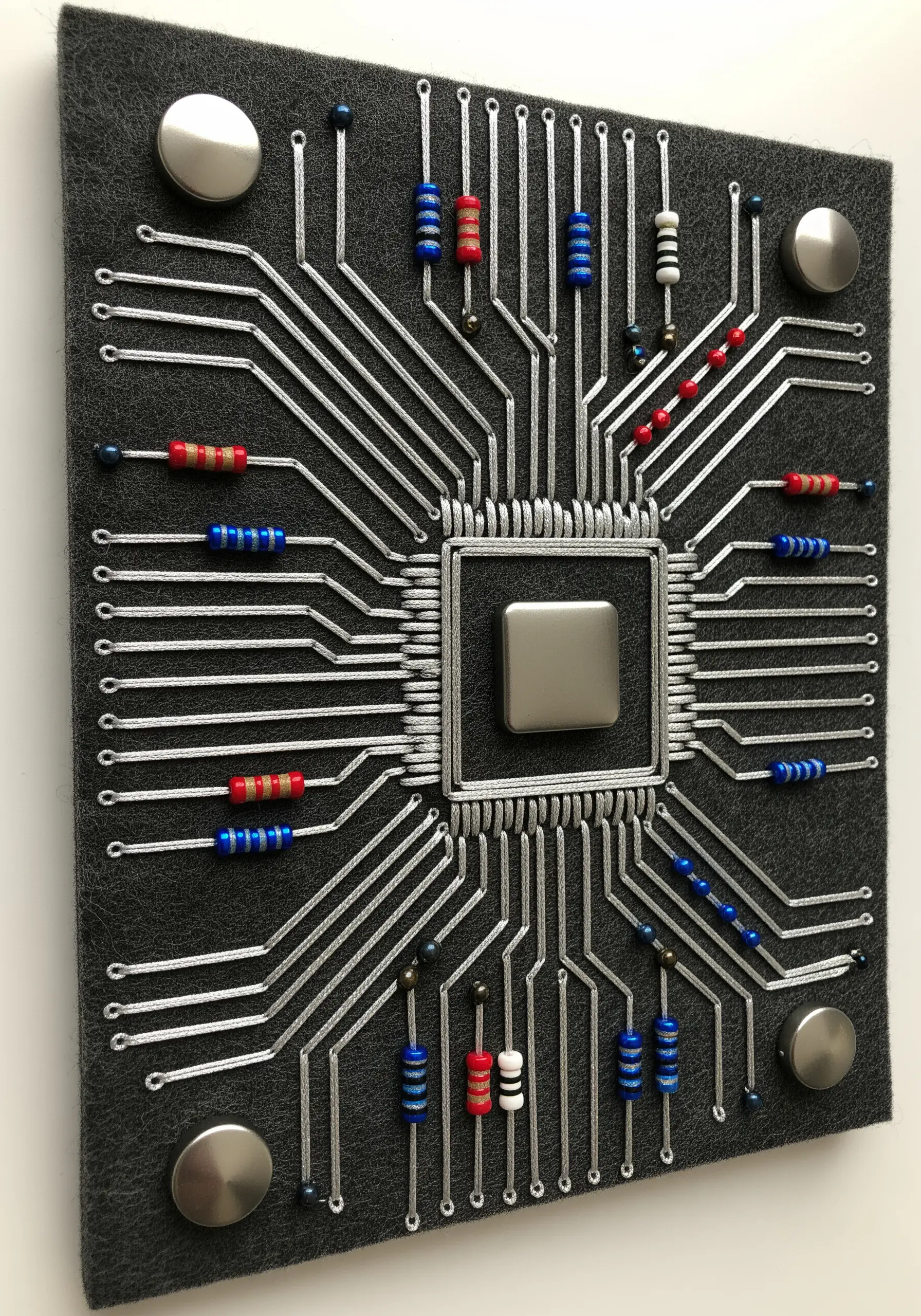A circuit board design made with silver thread, electronic resistors, and metal hardware on gray felt.
