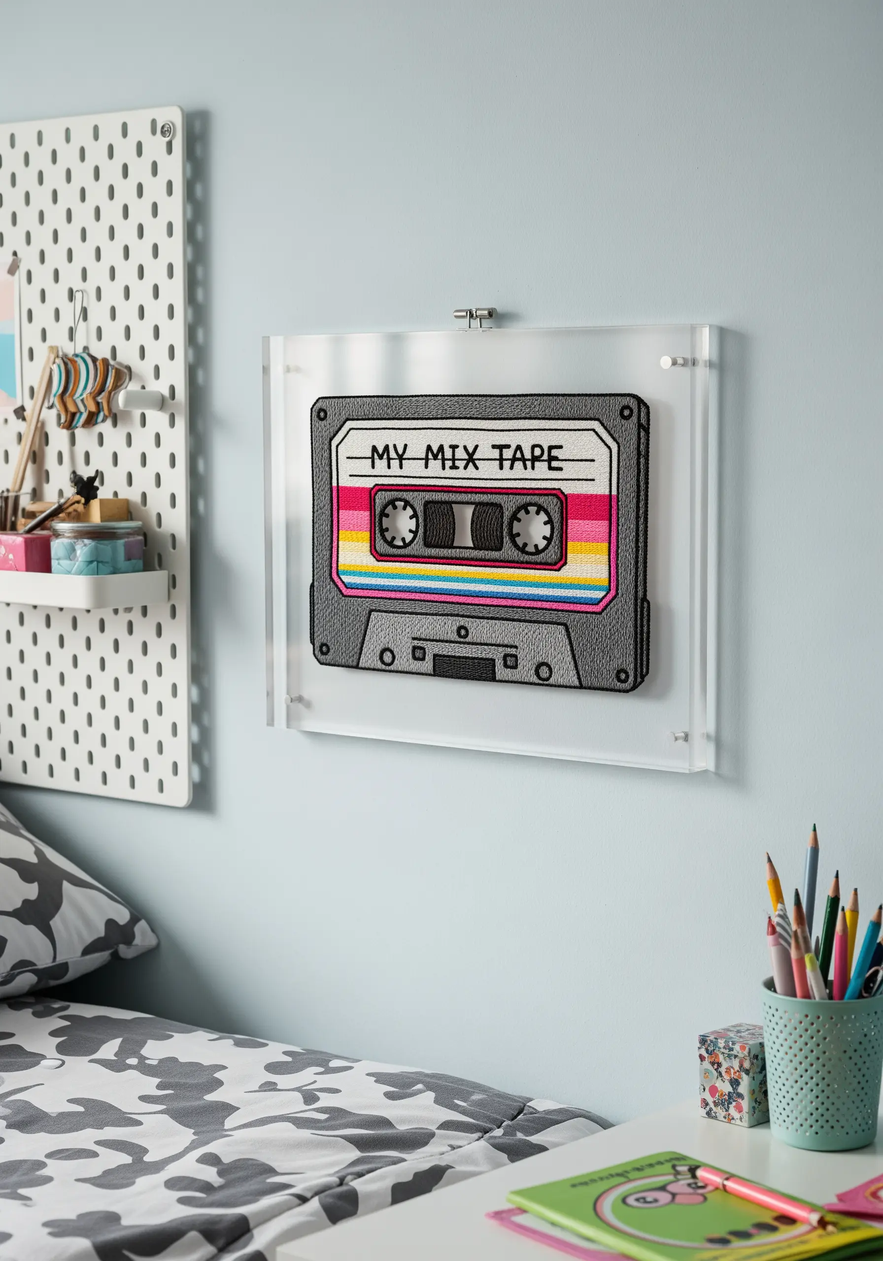A detailed embroidery of a retro cassette tape, mounted in a clear acrylic standoff frame.