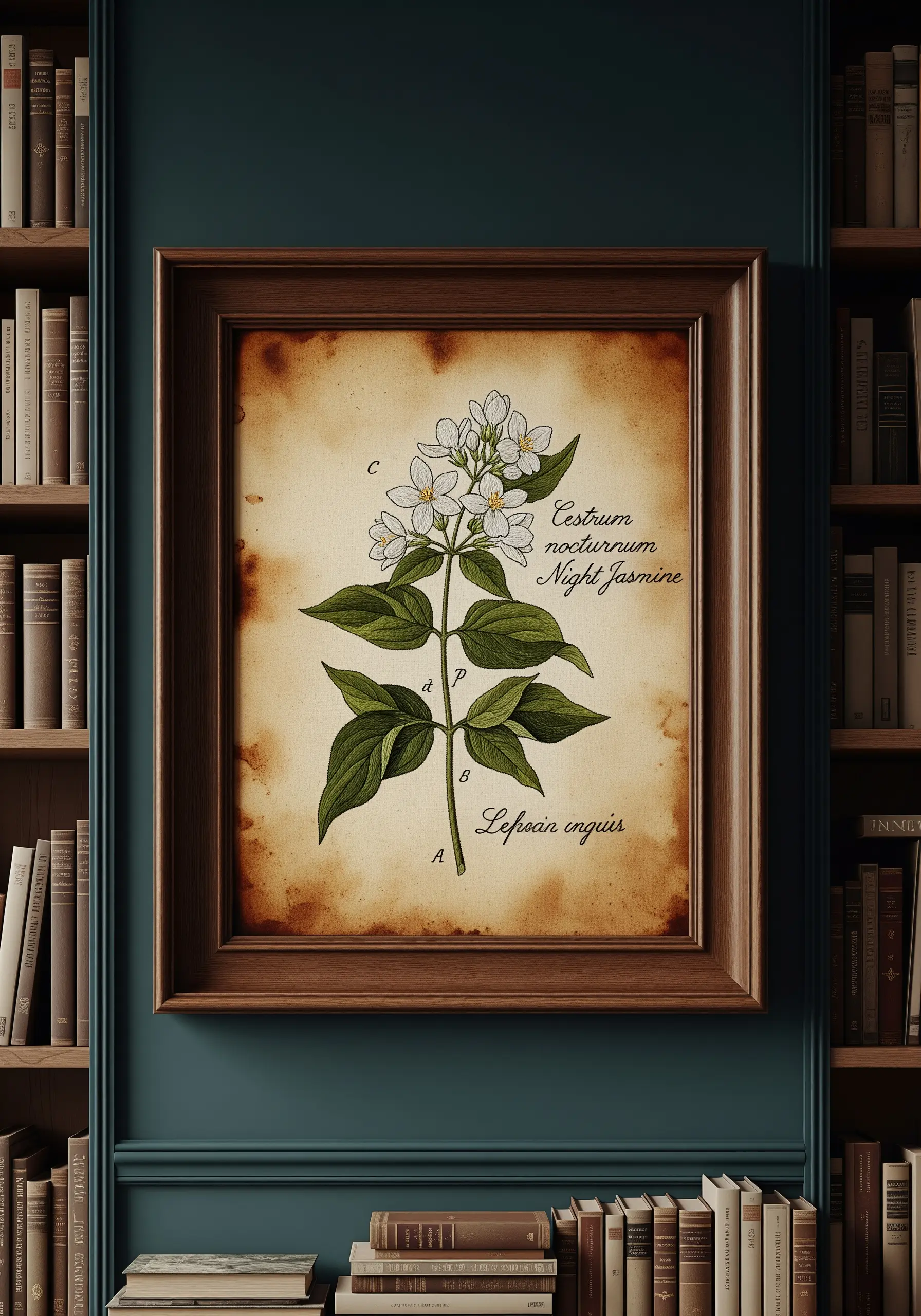 Framed embroidery of a night jasmine botanical illustration on aged-looking paper.