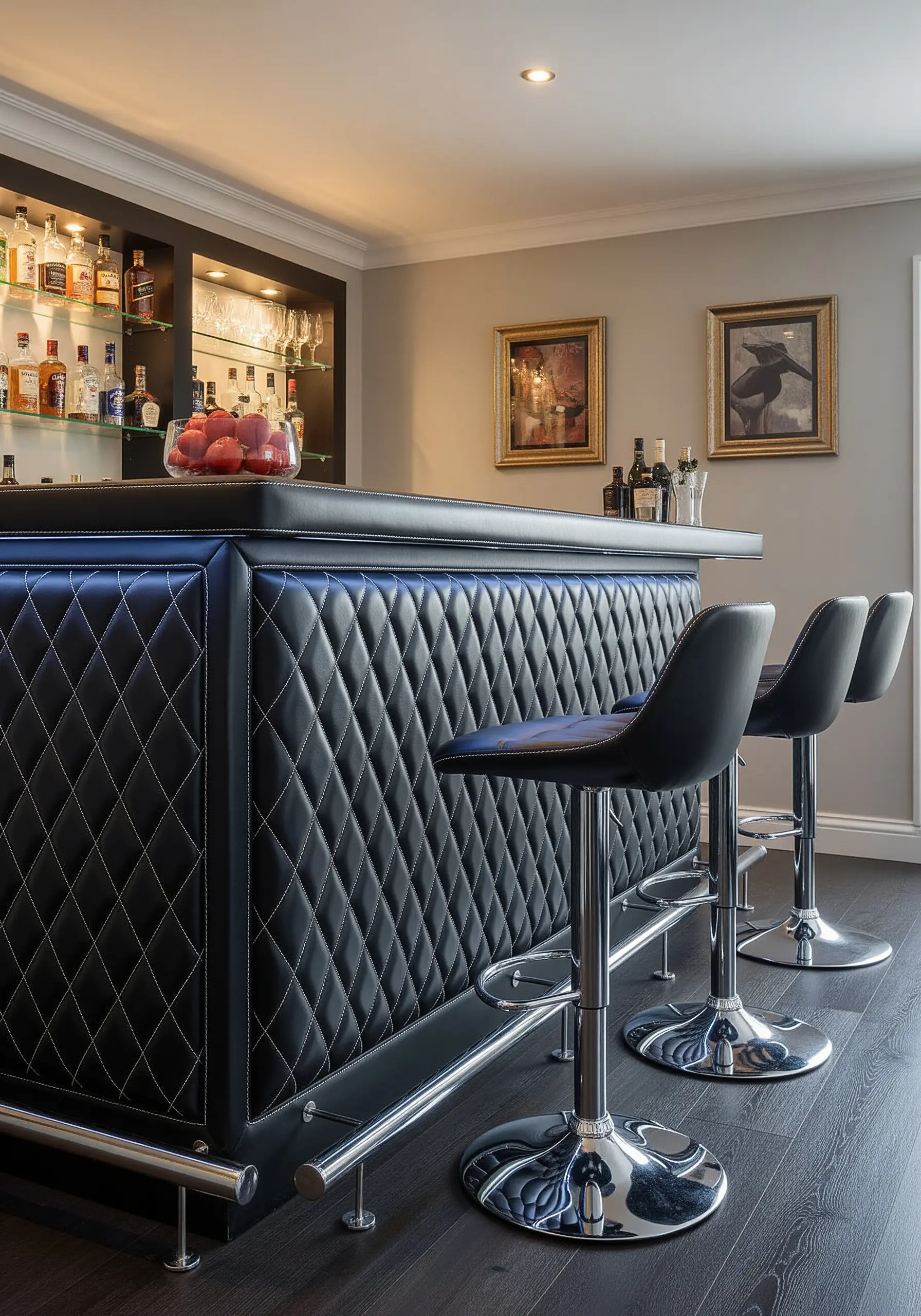 A black bar front with a silver-stitched diamond pattern that mimics tufted leather.