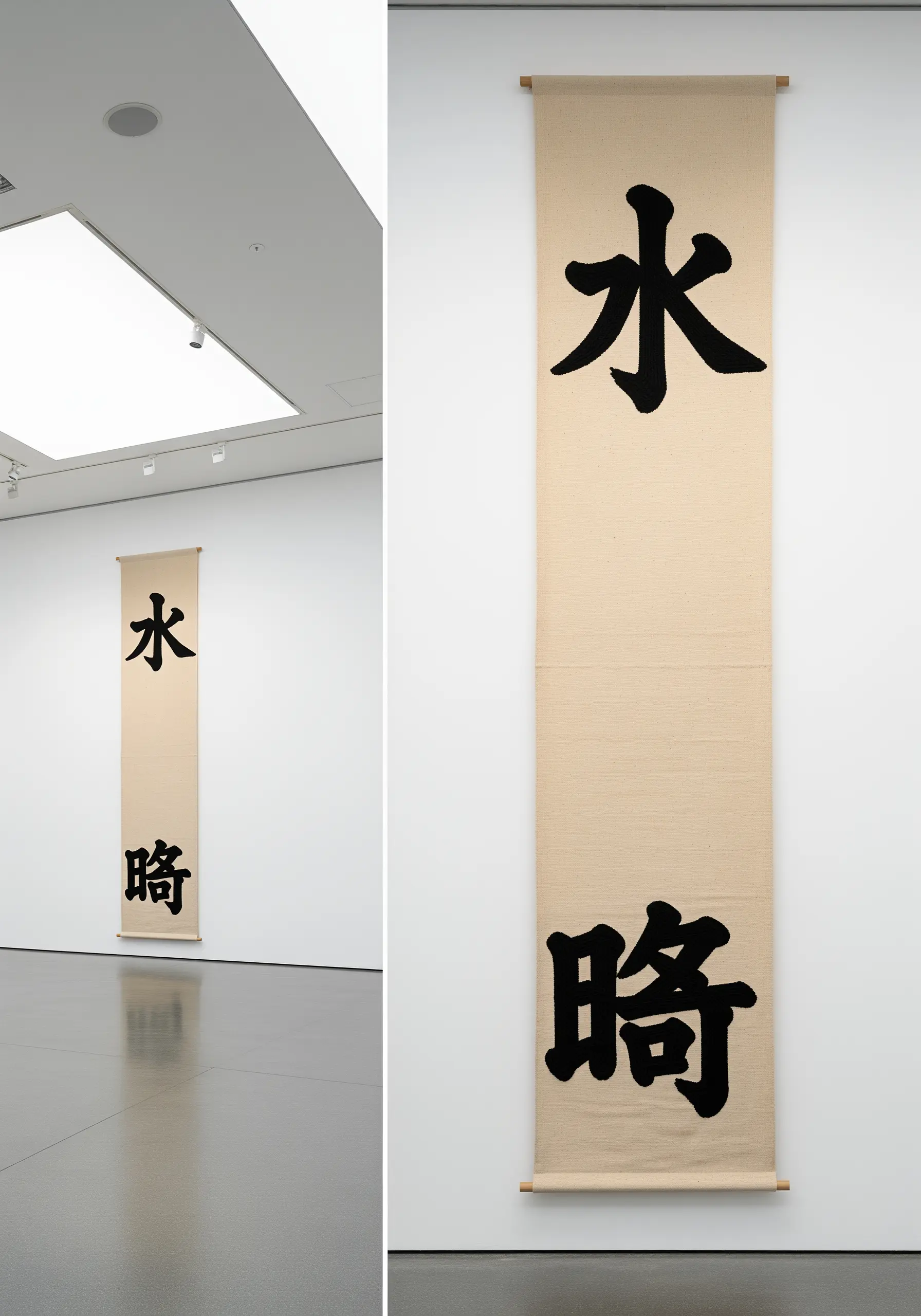 A long wall scroll with Japanese calligraphy characters embroidered in black satin stitch.