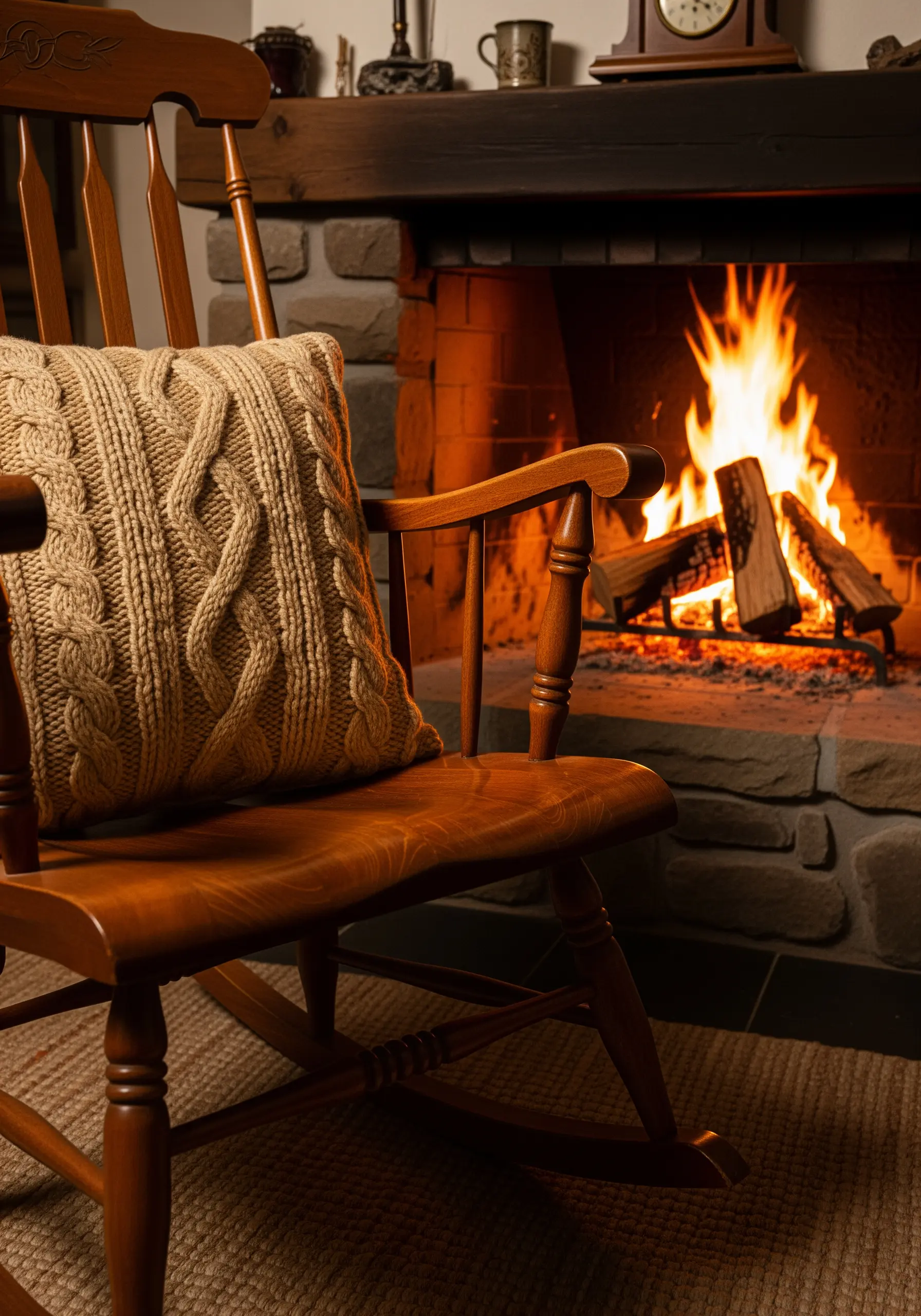 A pillow with a chunky, cable-knit texture sits by a fireplace.