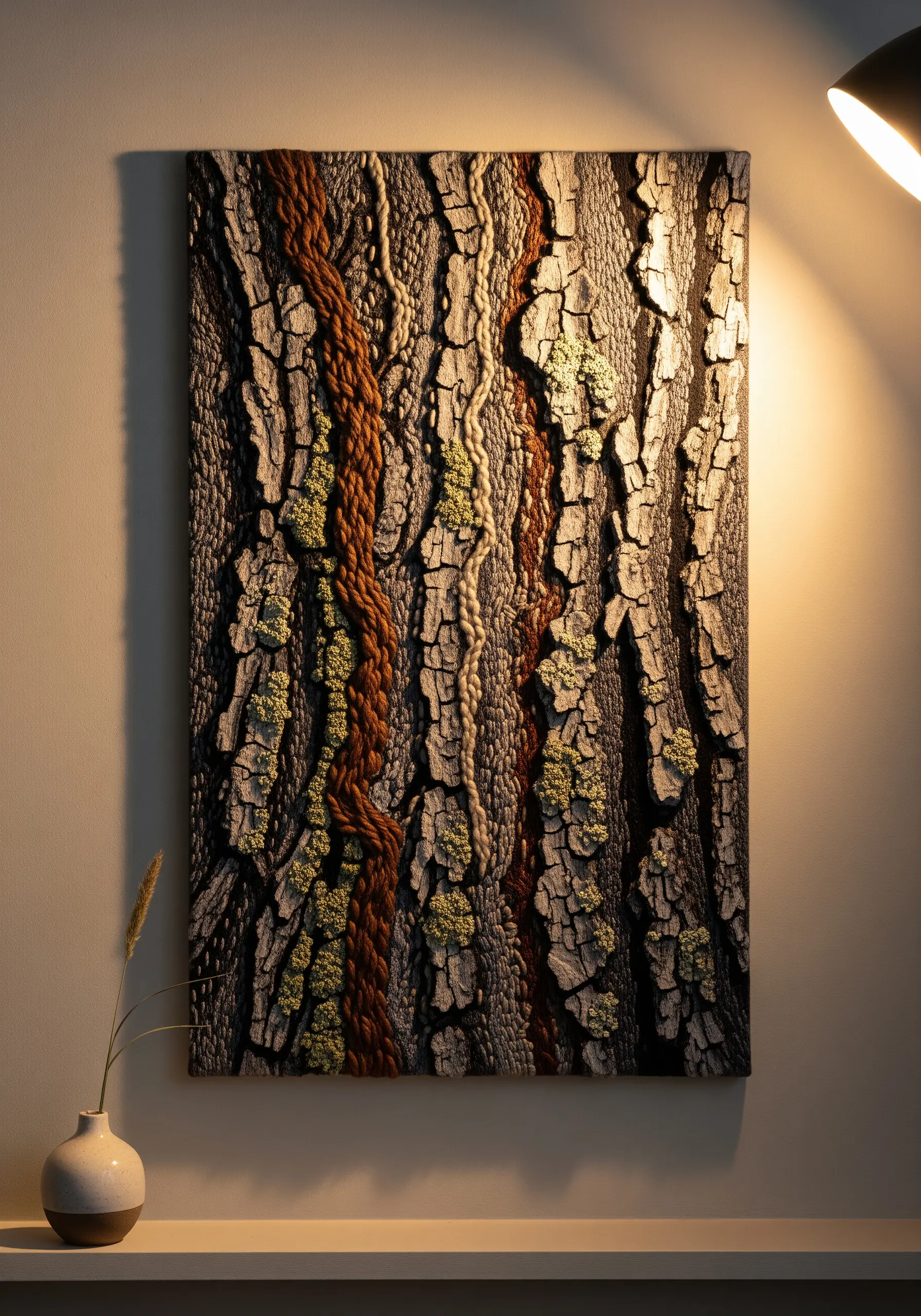 Hyper-realistic tree bark texture created with embroidery and yarn.