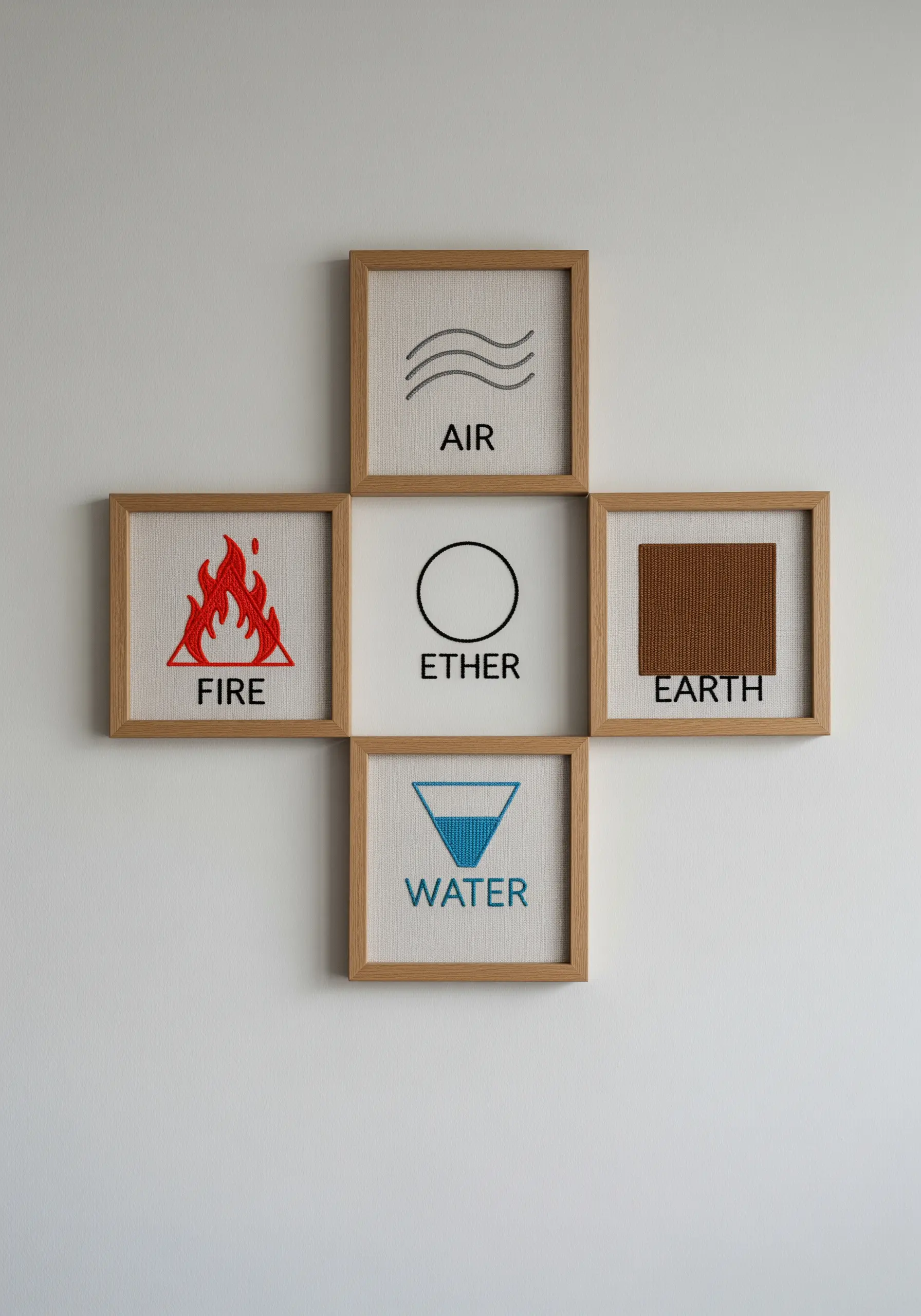 A collection of five framed embroideries representing the elements with distinct textures.