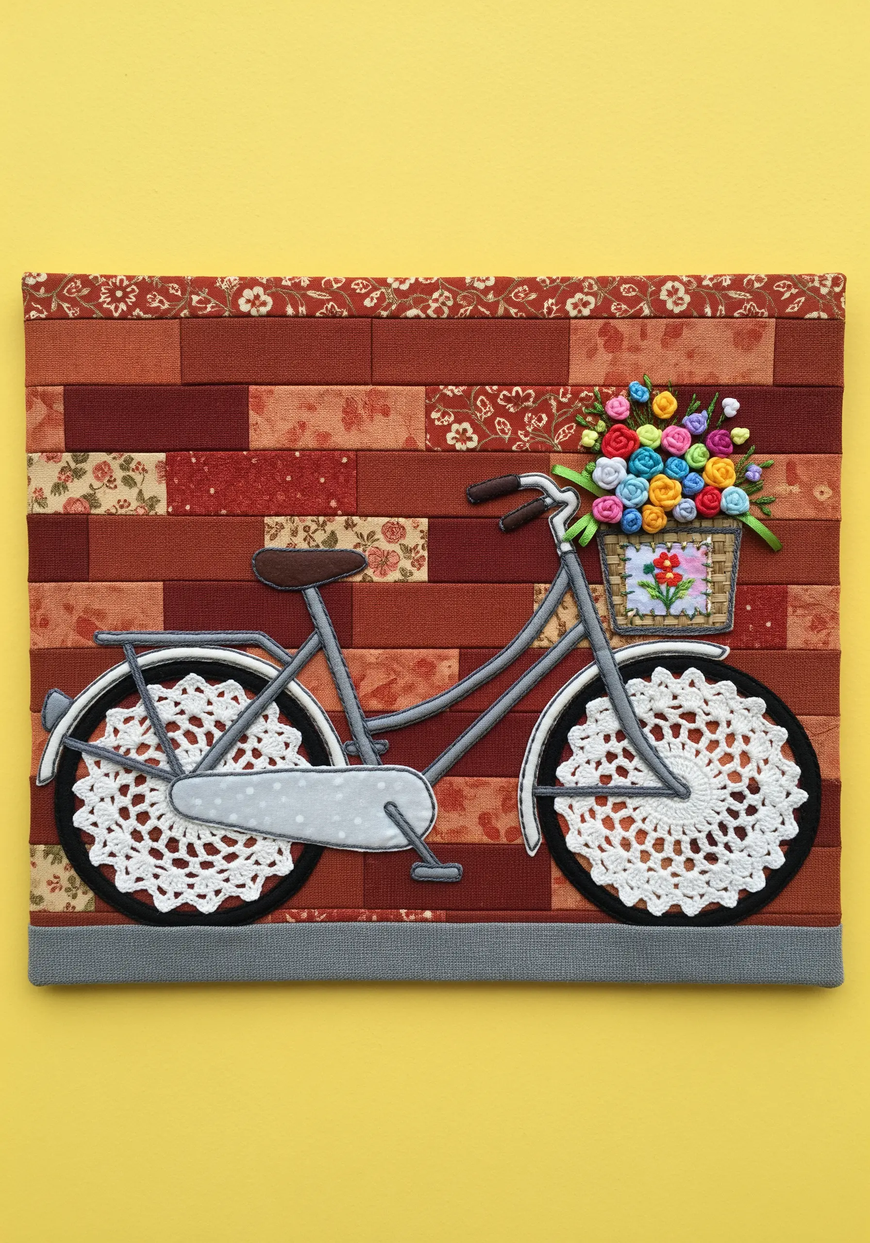 A fabric collage of a bicycle with lace doilies used for the wheels